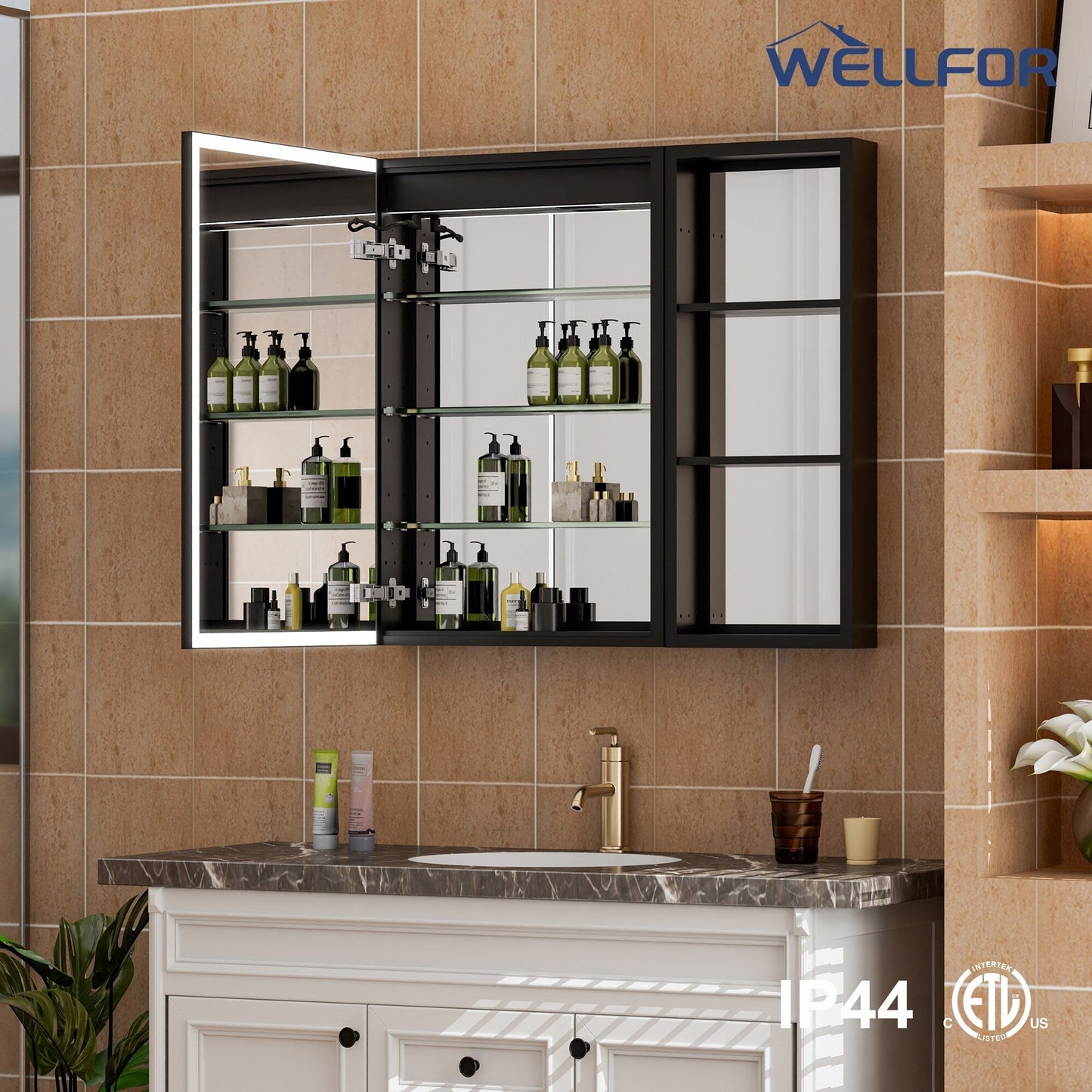WELLFOR W12 32-in x 30-in Lighted LED Fog Free Surface/Recessed Mount Anodized Black Aluminum Mirrored Soft Close Medicine Cabinet with Outlet