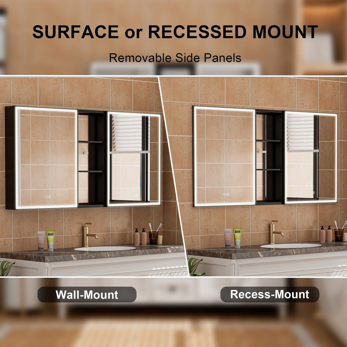 WELLFOR W12 60-in x 30-in Lighted LED Fog Free Surface/Recessed Mount Anodized Black Aluminum Mirrored Soft Close Medicine Cabinet with Outlet