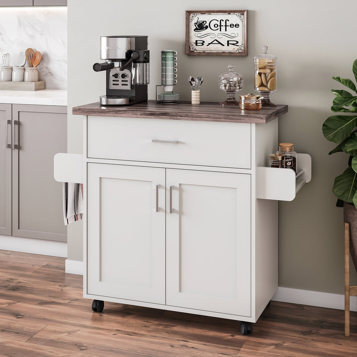 CESICIA White Wood Base with Wood Top Rolling Kitchen Island (15.3-in x 45-in x 35.25-in)