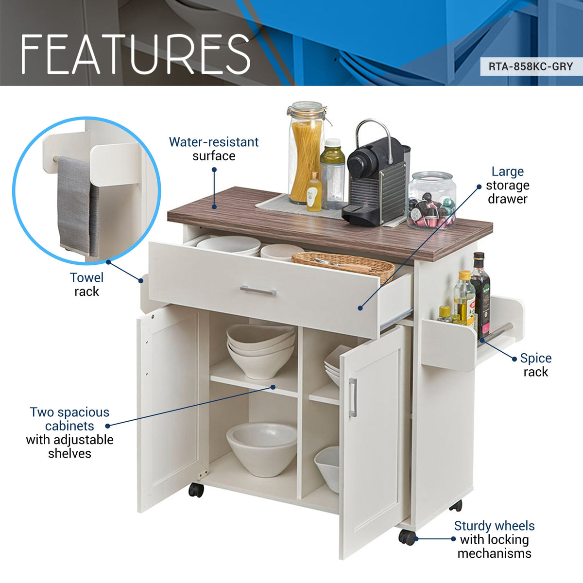 CESICIA White Wood Base with Wood Top Rolling Kitchen Island (15.3-in x 45-in x 35.25-in)