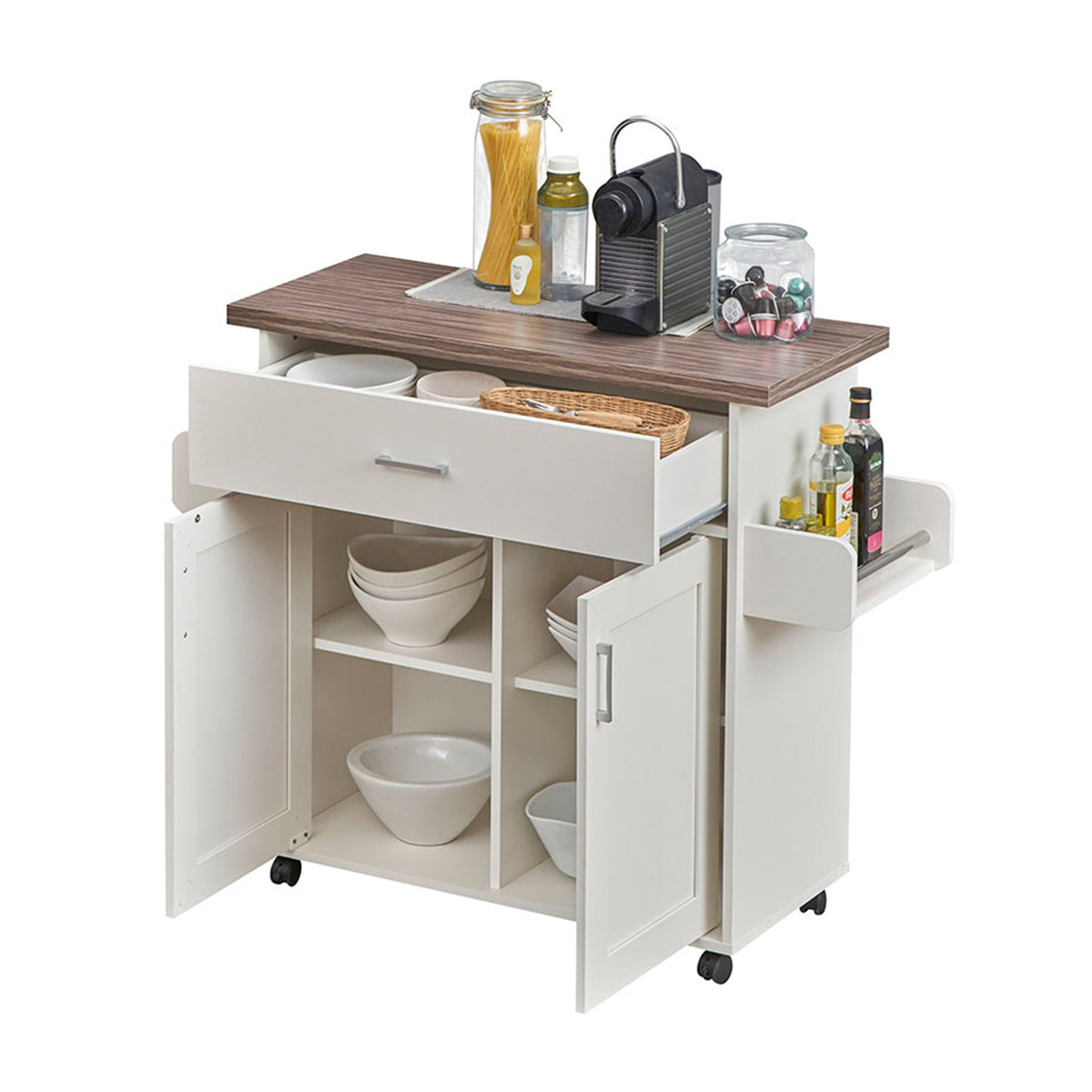 CESICIA White Wood Base with Wood Top Rolling Kitchen Island (15.3-in x 45-in x 35.25-in)