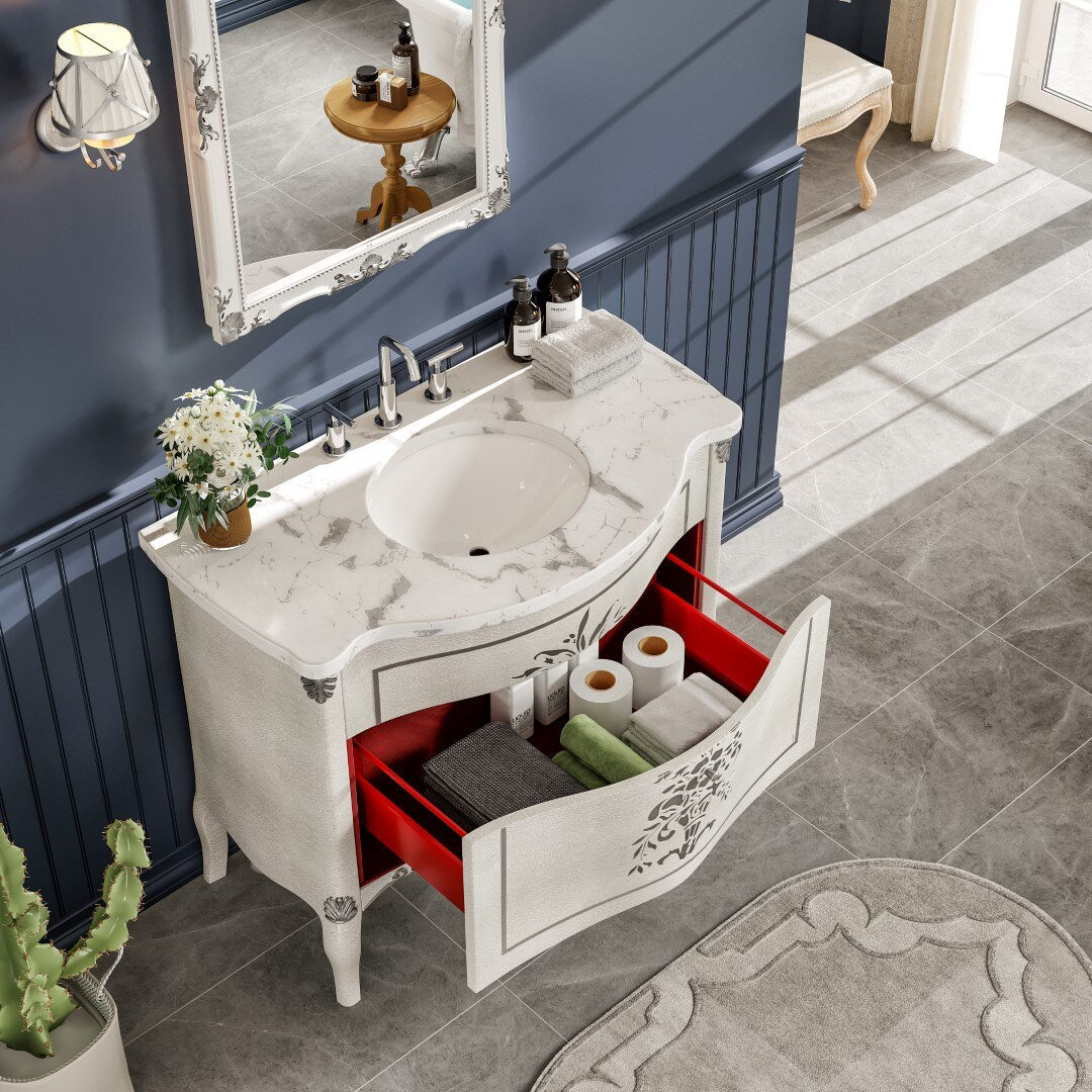 Eviva Monaco 38"W x 22"D Ivory Bathroom Vanity with White Carrara Marble Countertop and Undermount Porcelain Sink