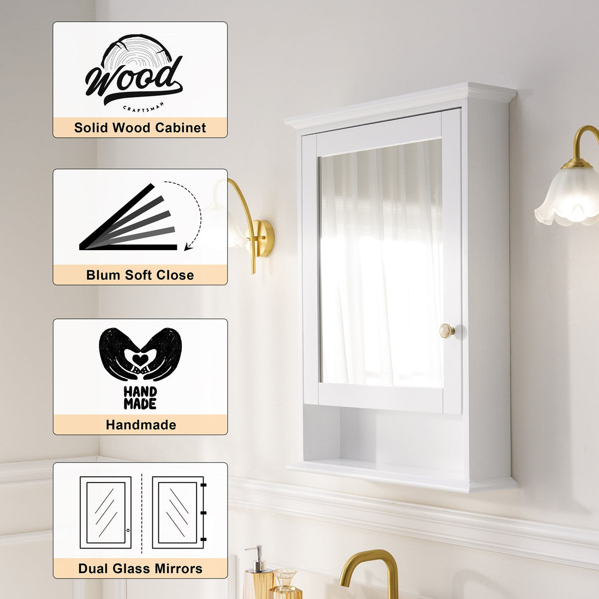 Forclover 24-in x 34-in Surface Mount White Mirrored Soft Close Medicine Cabinet