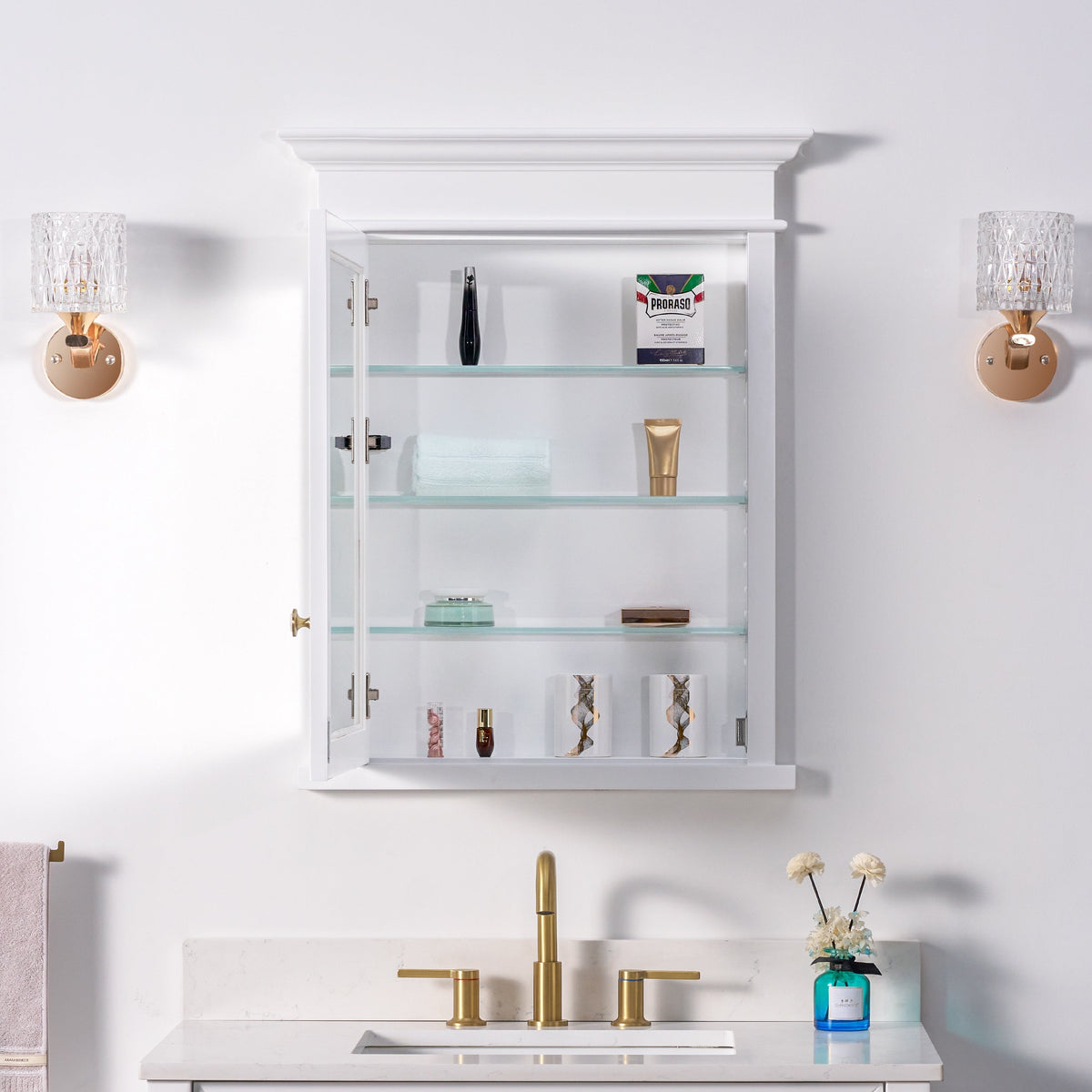 WELLFOR GRACE Solid Wood 26-in x 32-in Recessed Mount White Mirrored Soft Close Medicine Cabinet