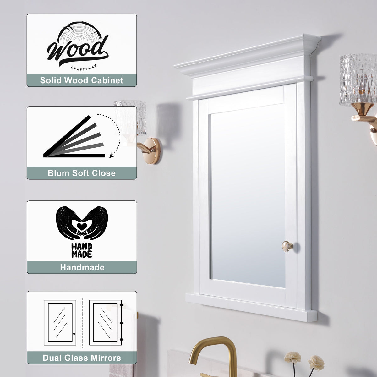 WELLFOR GRACE Solid Wood 26-in x 32-in Recessed Mount White Mirrored Soft Close Medicine Cabinet