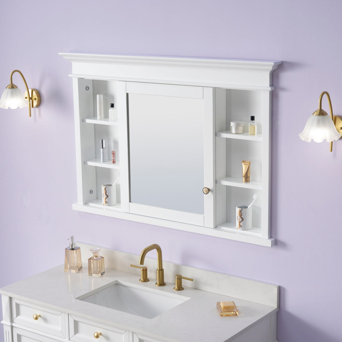 WELLFOR GRACE Solid Wood 48-in x 32-in Recessed Mount White Mirrored Soft Close Medicine Cabinet
