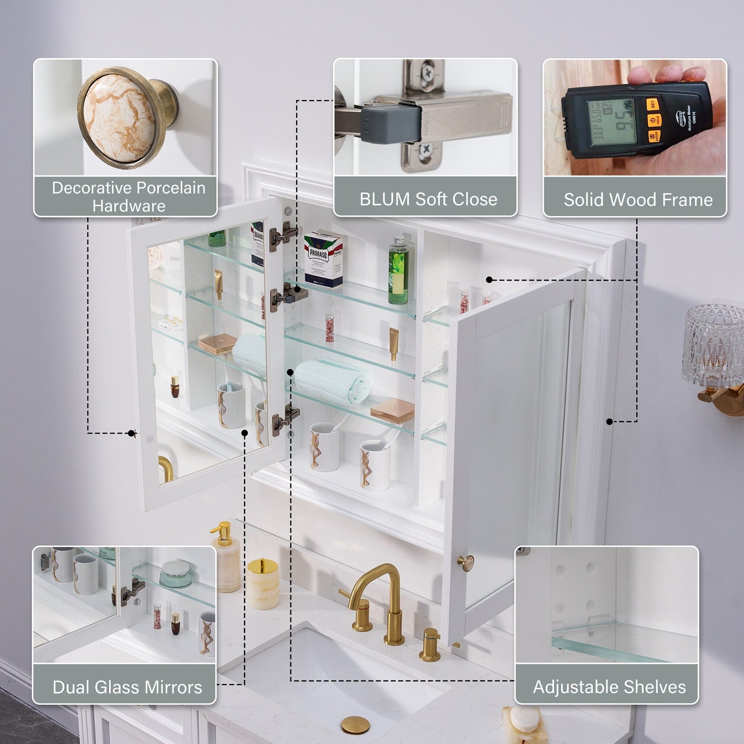 Forclover 40-in x 32-in Recessed Mount White Mirrored Soft Close Medicine Cabinet