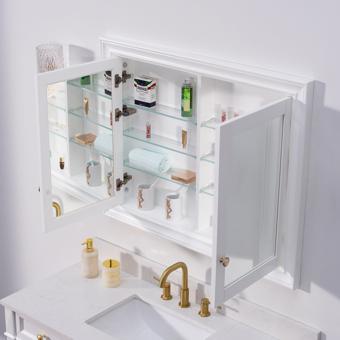 Forclover 40-in x 32-in Recessed Mount White Mirrored Soft Close Medicine Cabinet