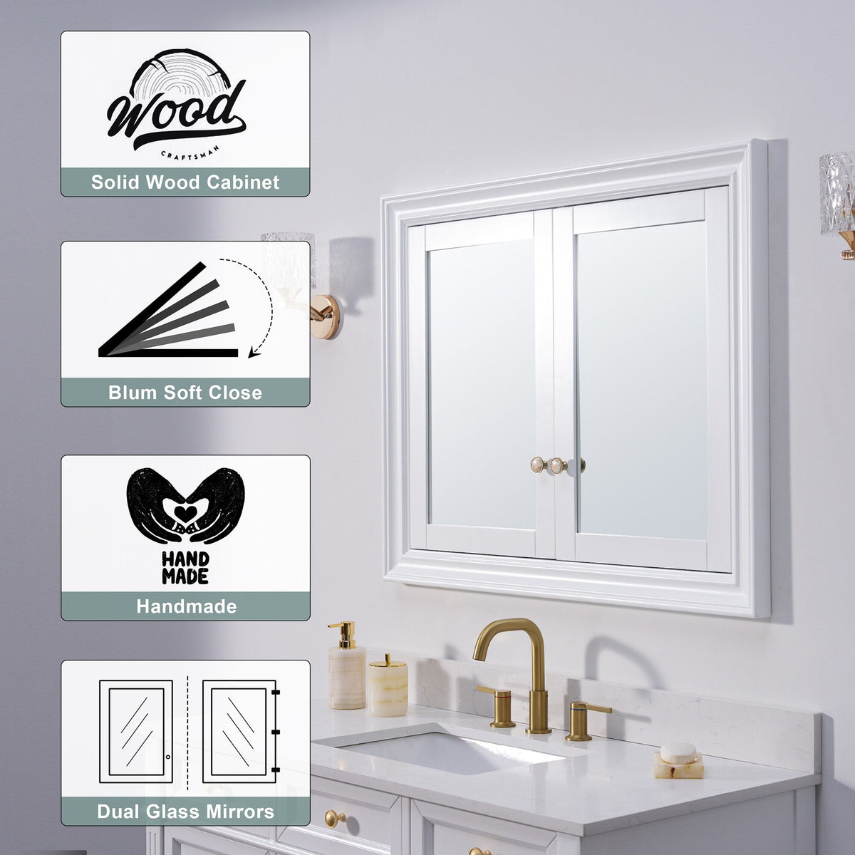 Forclover 40-in x 32-in Recessed Mount White Mirrored Soft Close Medicine Cabinet