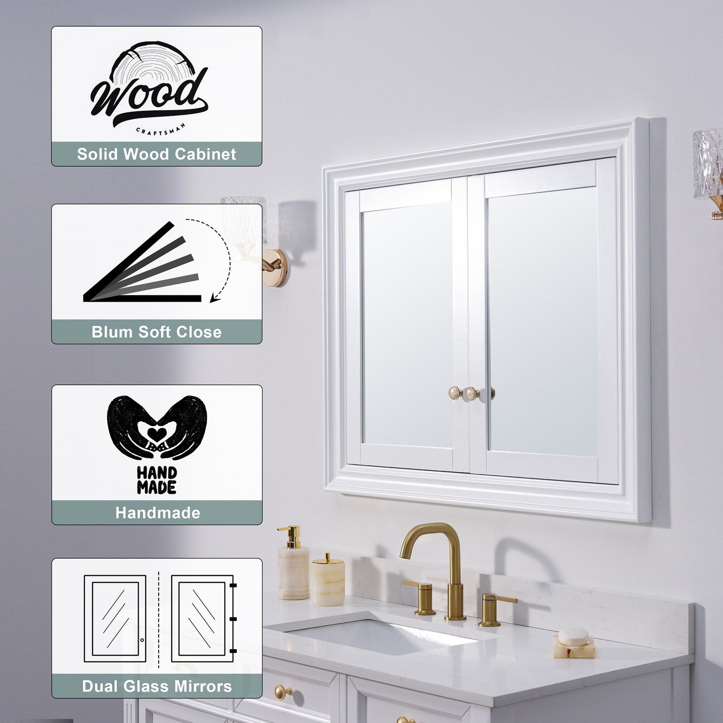 Forclover 40-in x 32-in Recessed Mount White Mirrored Soft Close Medicine Cabinet