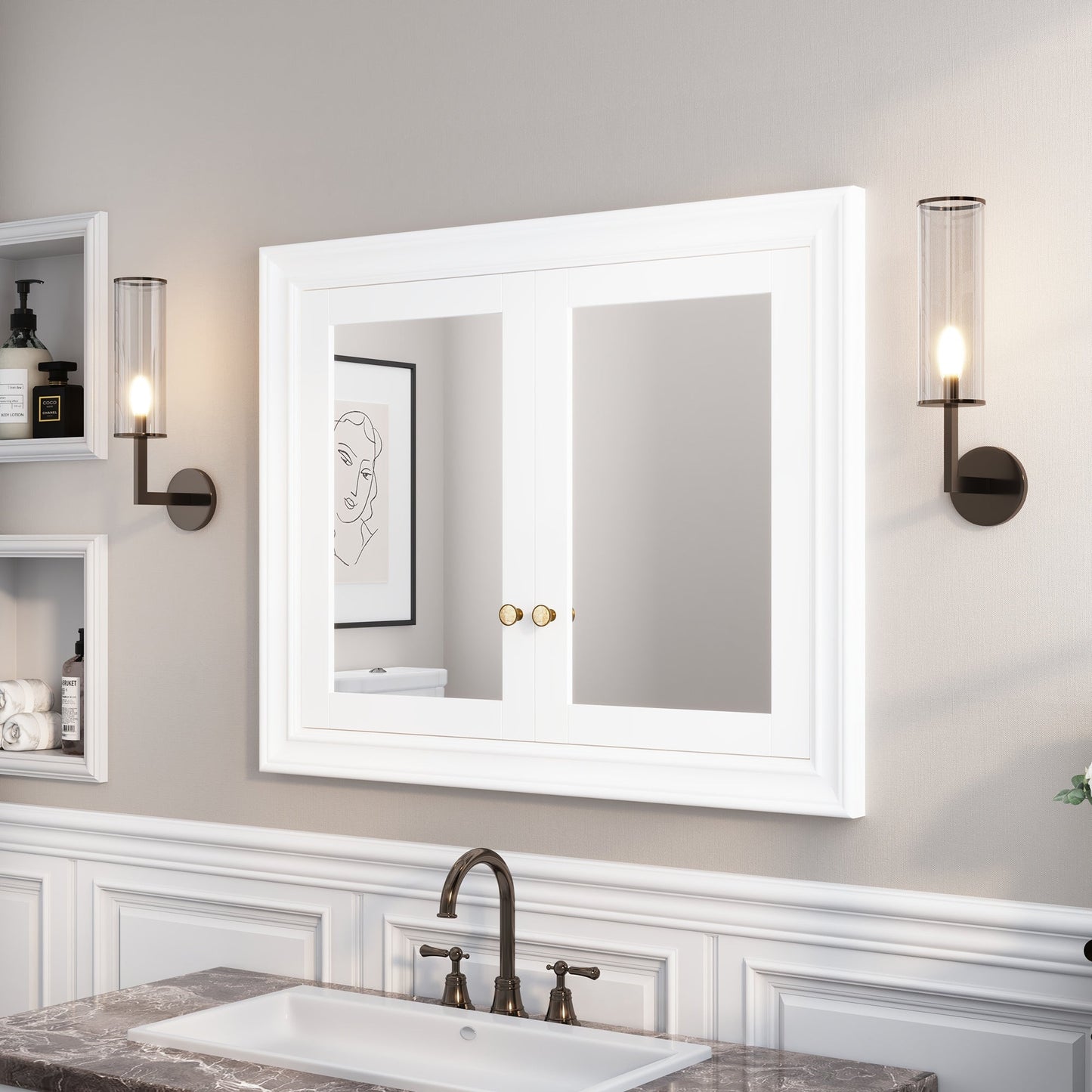 Forclover 40-in x 32-in Recessed Mount White Mirrored Soft Close Medicine Cabinet