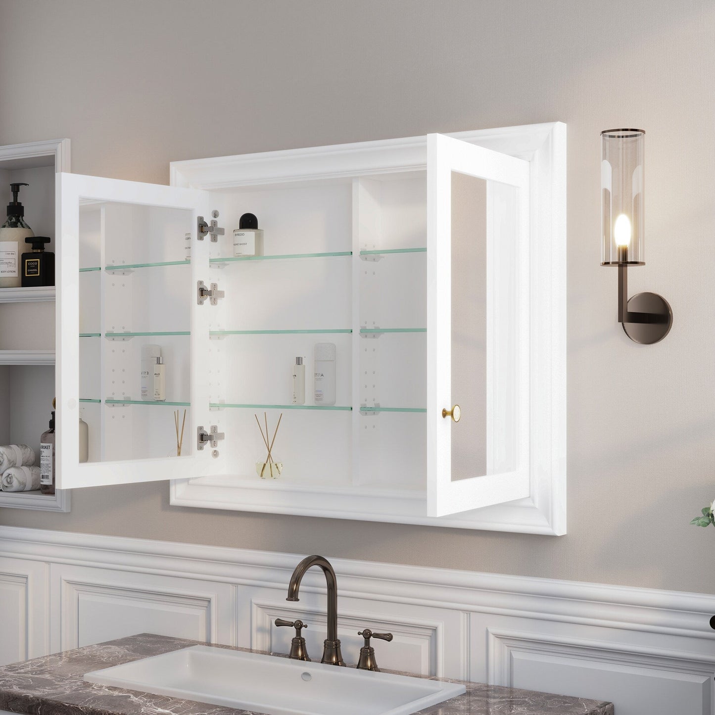 Forclover 40-in x 32-in Recessed Mount White Mirrored Soft Close Medicine Cabinet