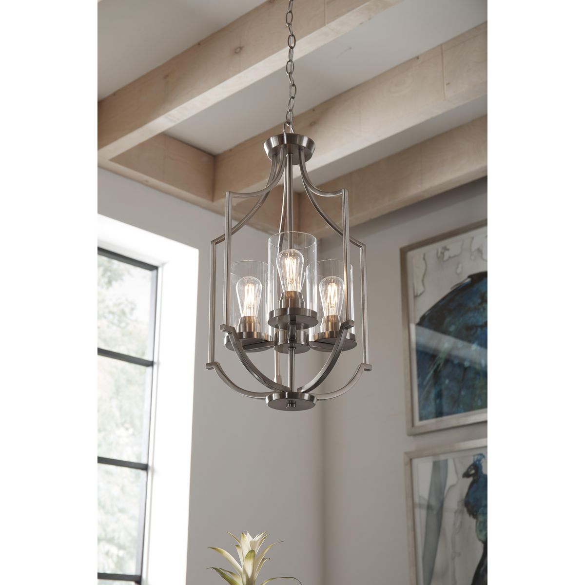 Progress Lighting Lassiter 3-Light Brushed Nickel Traditional Clear Glass Cylinder Medium Hanging Pendant Light