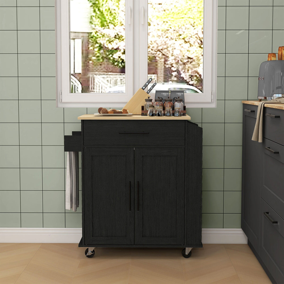 BABOOM Black Mdf Base with Mdf Wood Top Rolling Kitchen Island (15-in x 29.9-in x 34.1-in)