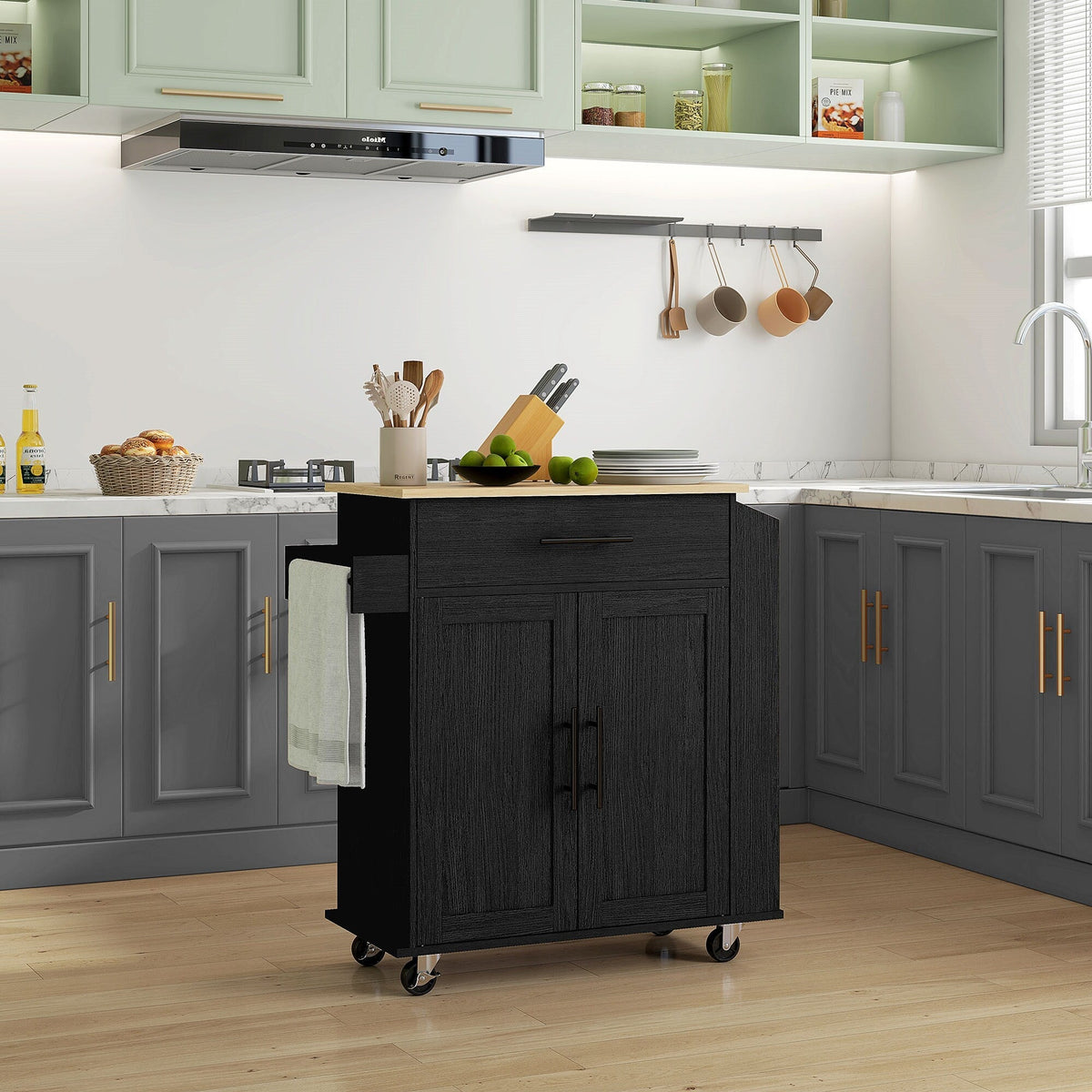 BABOOM Black Mdf Base with Mdf Wood Top Rolling Kitchen Island (15-in x 29.9-in x 34.1-in)
