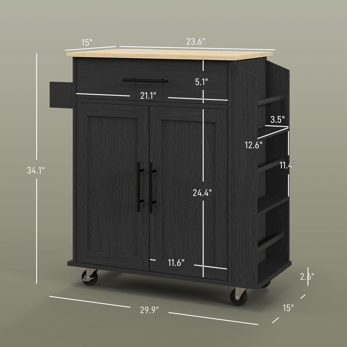 BABOOM Black Mdf Base with Mdf Wood Top Rolling Kitchen Island (15-in x 29.9-in x 34.1-in)
