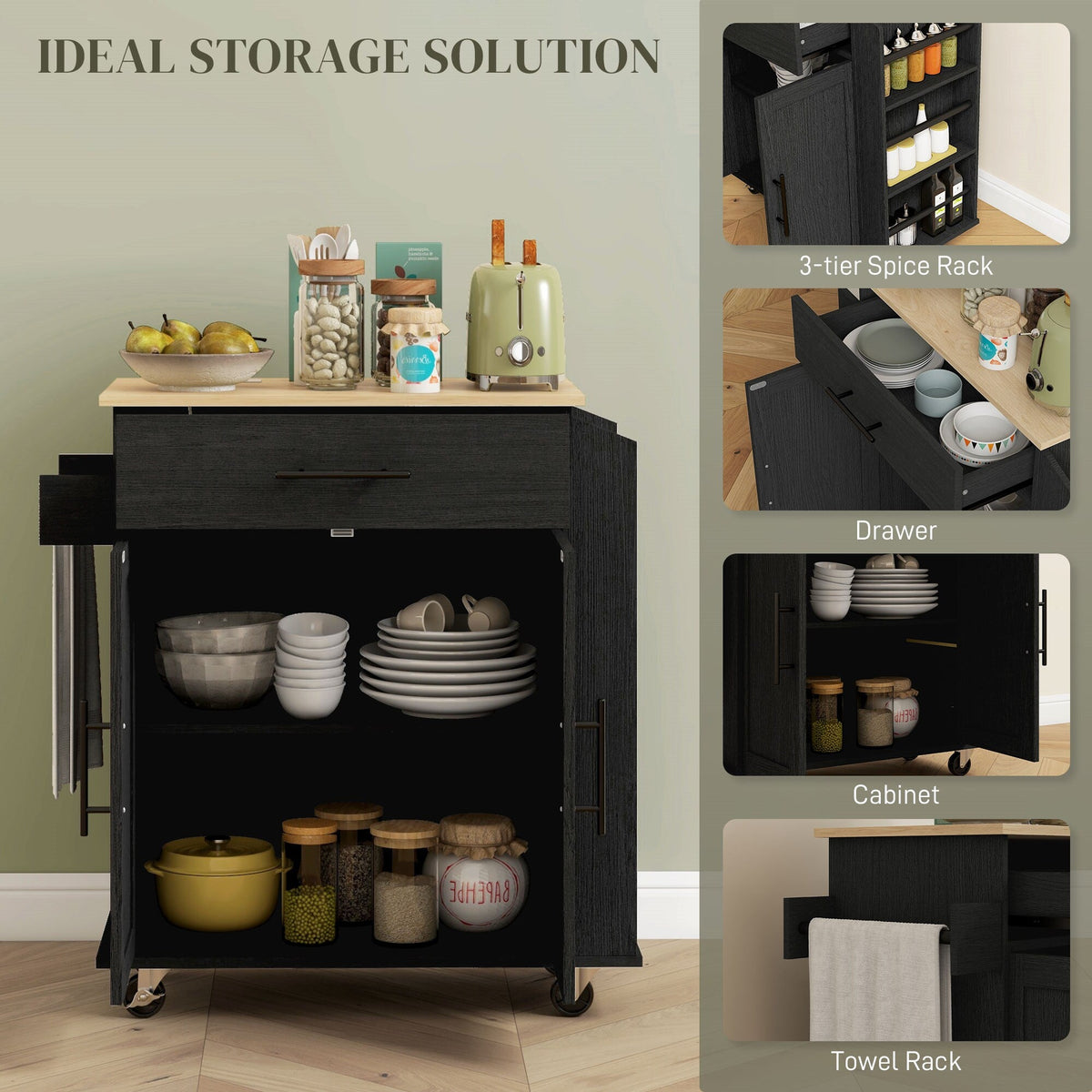 BABOOM Black Mdf Base with Mdf Wood Top Rolling Kitchen Island (15-in x 29.9-in x 34.1-in)