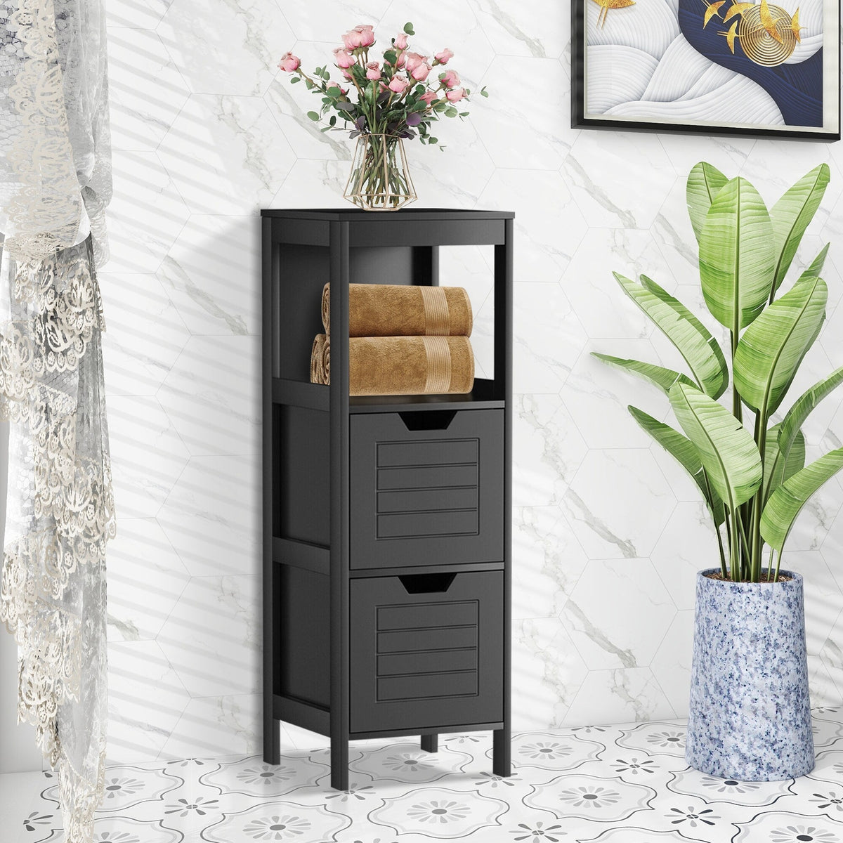 WELLFOR 12-in x 35-in x 11-in Black Freestanding Corner Linen Cabinet