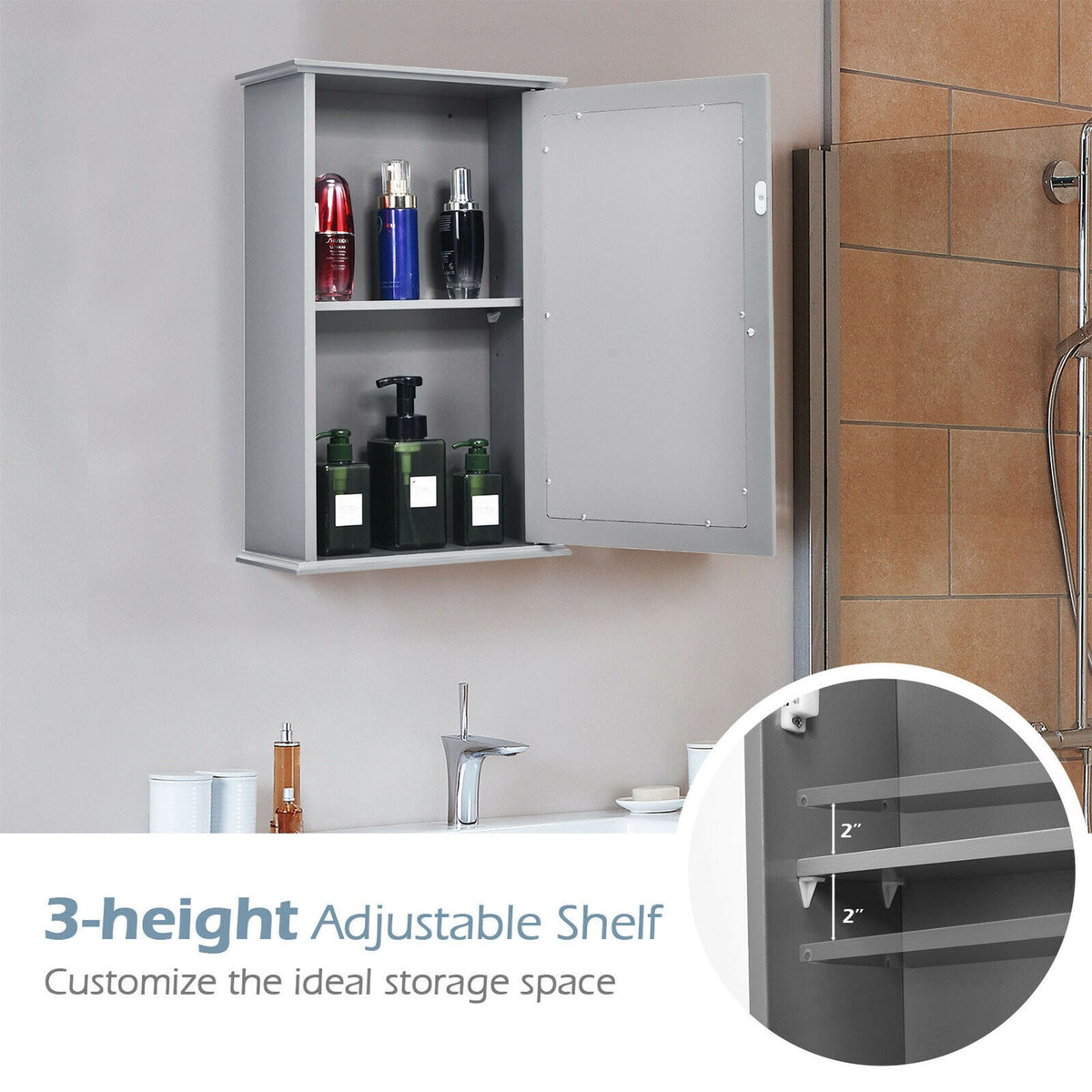 WELLFOR 13.5-in x 21-in Surface Mount Gray Mirrored Medicine Cabinet