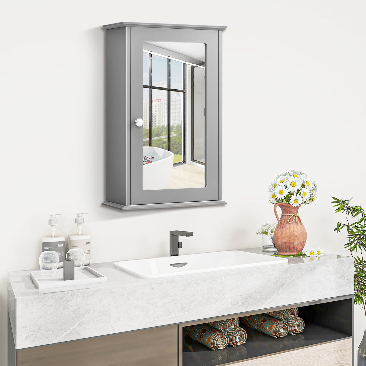 WELLFOR 13.5-in x 21-in Surface Mount Gray Mirrored Medicine Cabinet