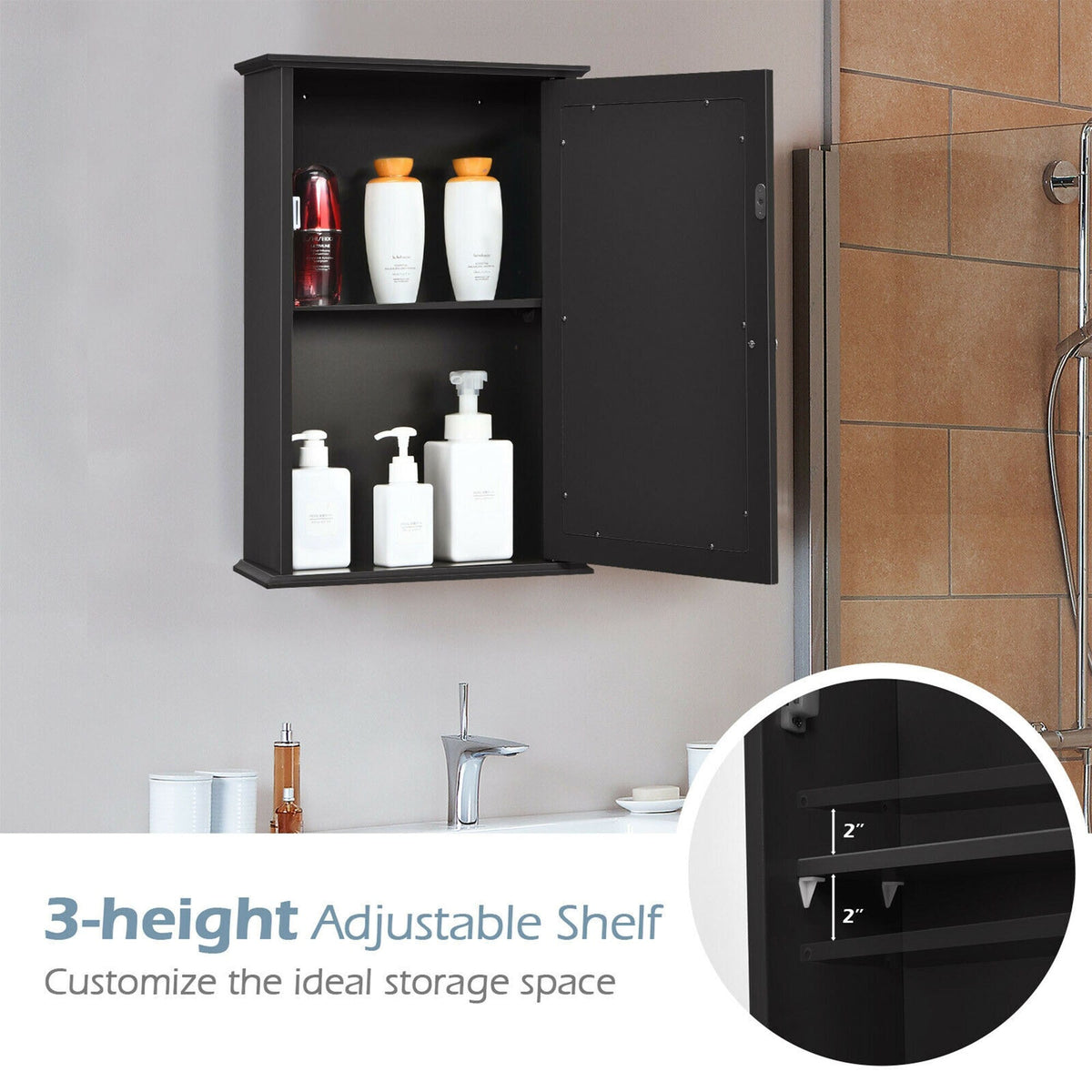 WELLFOR 13.5-in x 21-in Surface Mount Brown Mirrored Medicine Cabinet