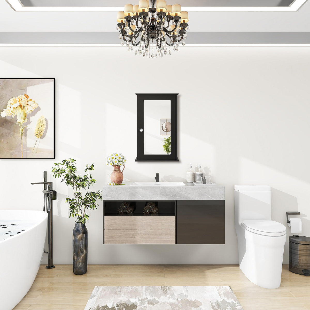 WELLFOR 13.5-in x 21-in Surface Mount Brown Mirrored Medicine Cabinet