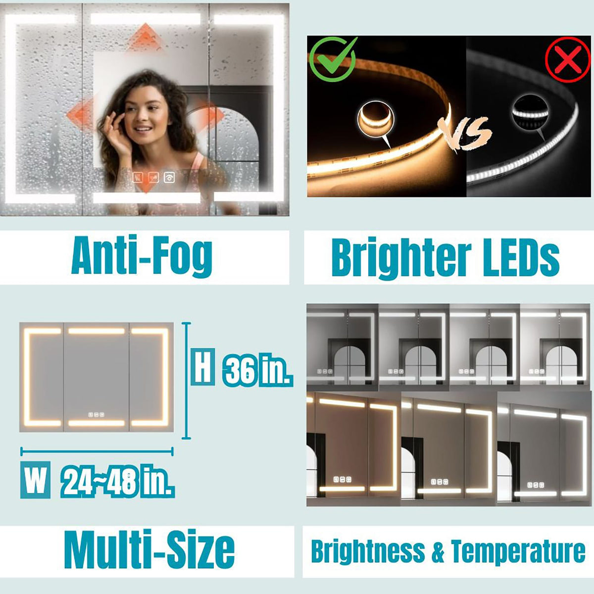 waterpar 24-in x 36-in Lighted LED Fog Free Surface/Recessed Mount Black Mirrored Soft Close Medicine Cabinet with Outlet