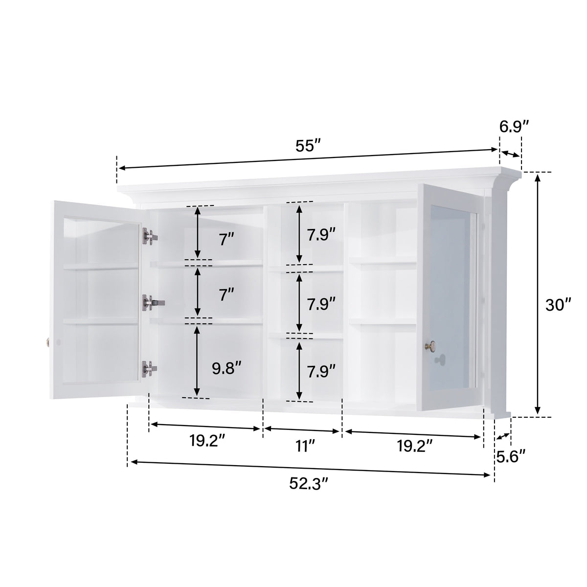 Forclover Solid Wood 55-in x 30-in Lighted Surface Mount White Mirrored Soft Close Medicine Cabinet