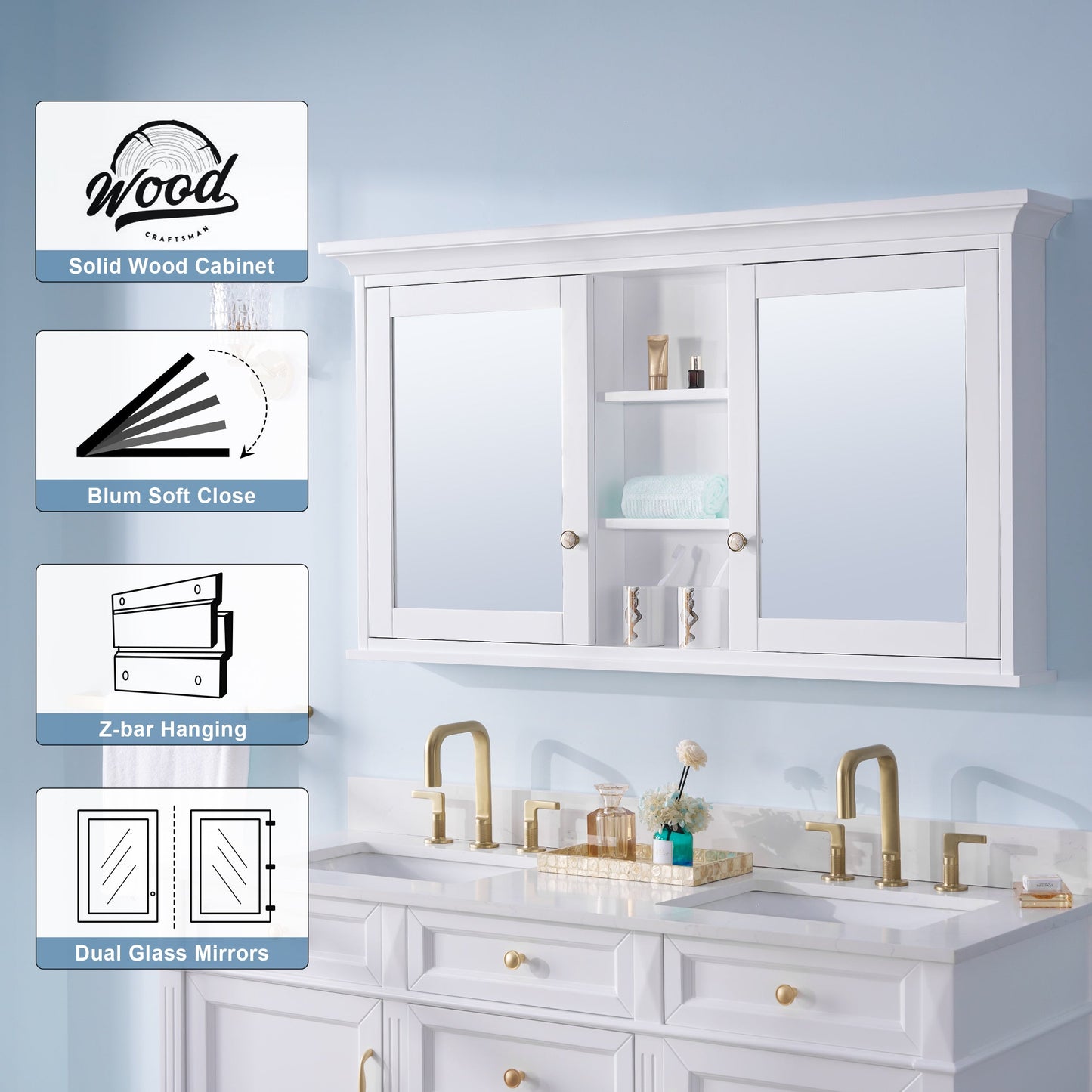 Forclover 55-in x 30-in Surface Mount White Mirrored Soft Close Medicine Cabinet