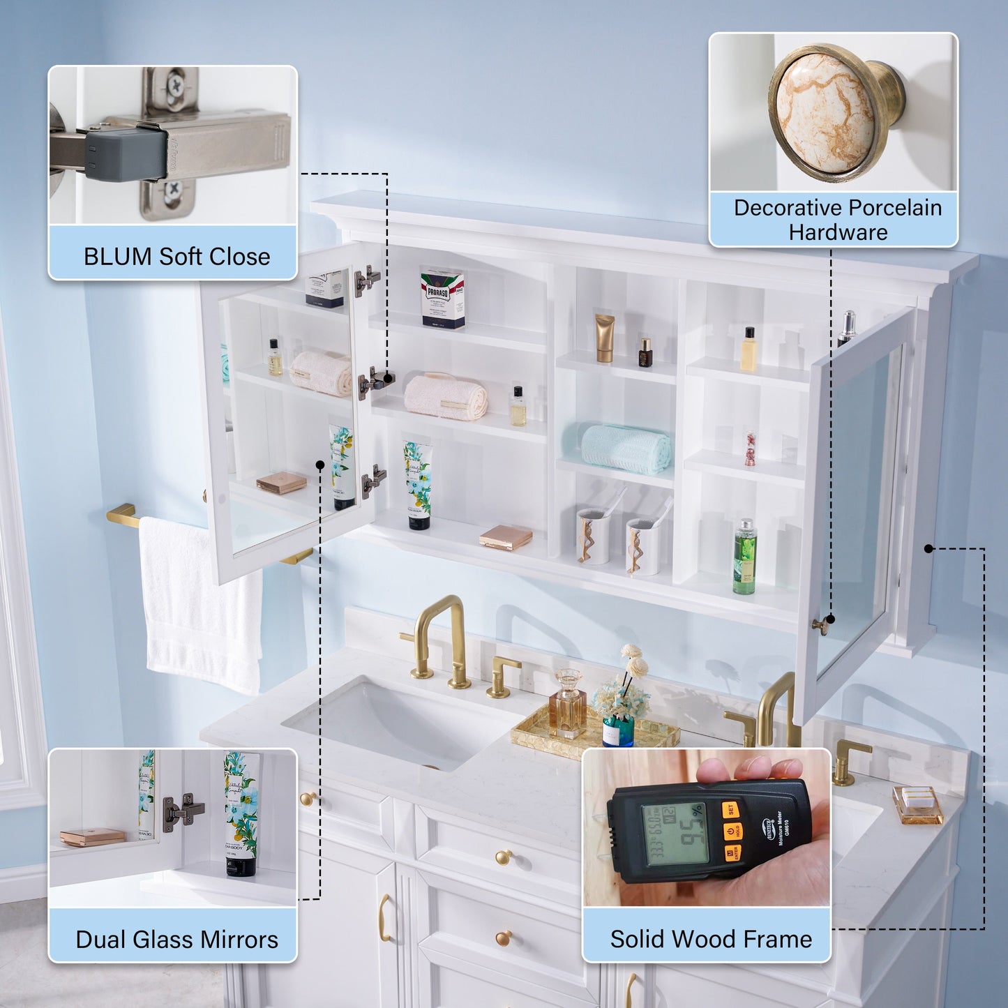 Forclover 55-in x 30-in Surface Mount White Mirrored Soft Close Medicine Cabinet