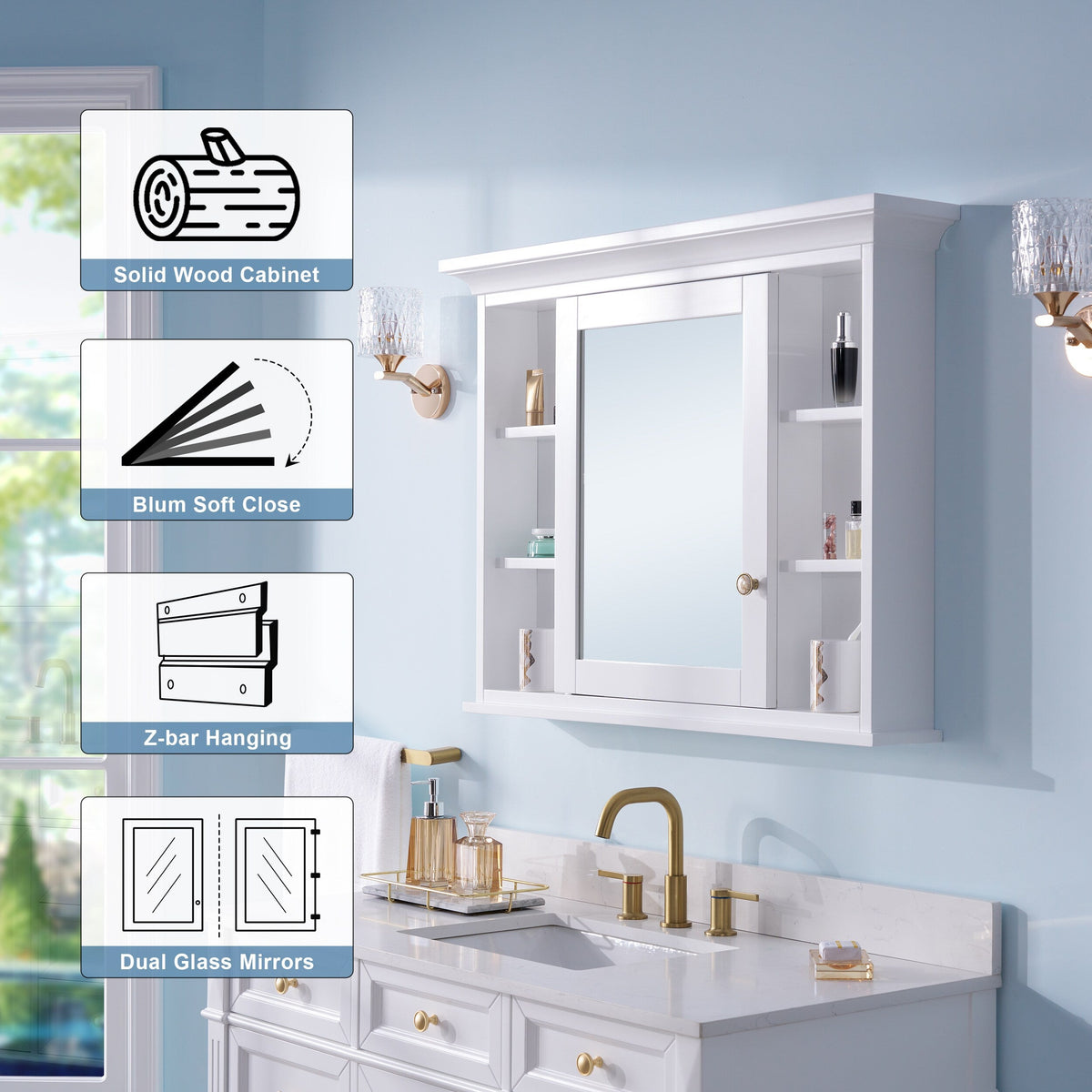 Forclover 40-in x 30-in Surface Mount White Mirrored Soft Close Medicine Cabinet