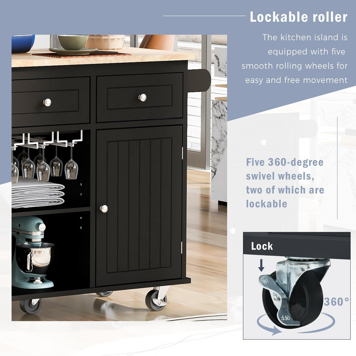 ModernLuxe Black Wood Base with Wood Top Rolling Kitchen Island (29.33-in x 39.8-in x 33.7-in)