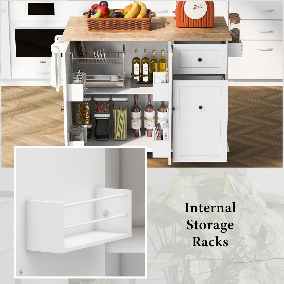 ModernLuxe White Wood Base with Wood Top Rolling Kitchen Island (28.74-in x 53.94-in x 36.81-in)
