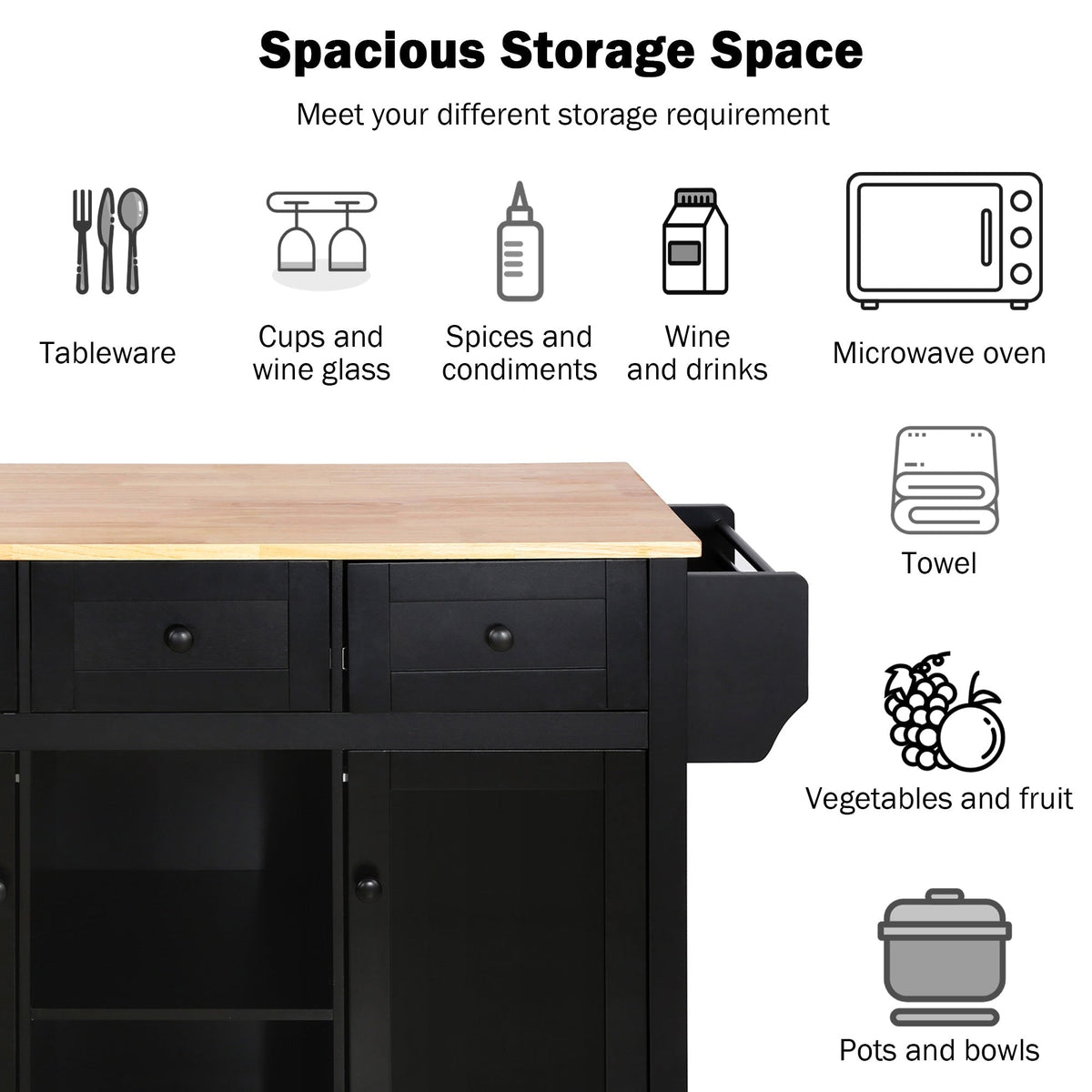 ModernLuxe Black Wood Base with Wood Top Rolling Kitchen Island (29.5-in x 53.1-in x 37.2-in)