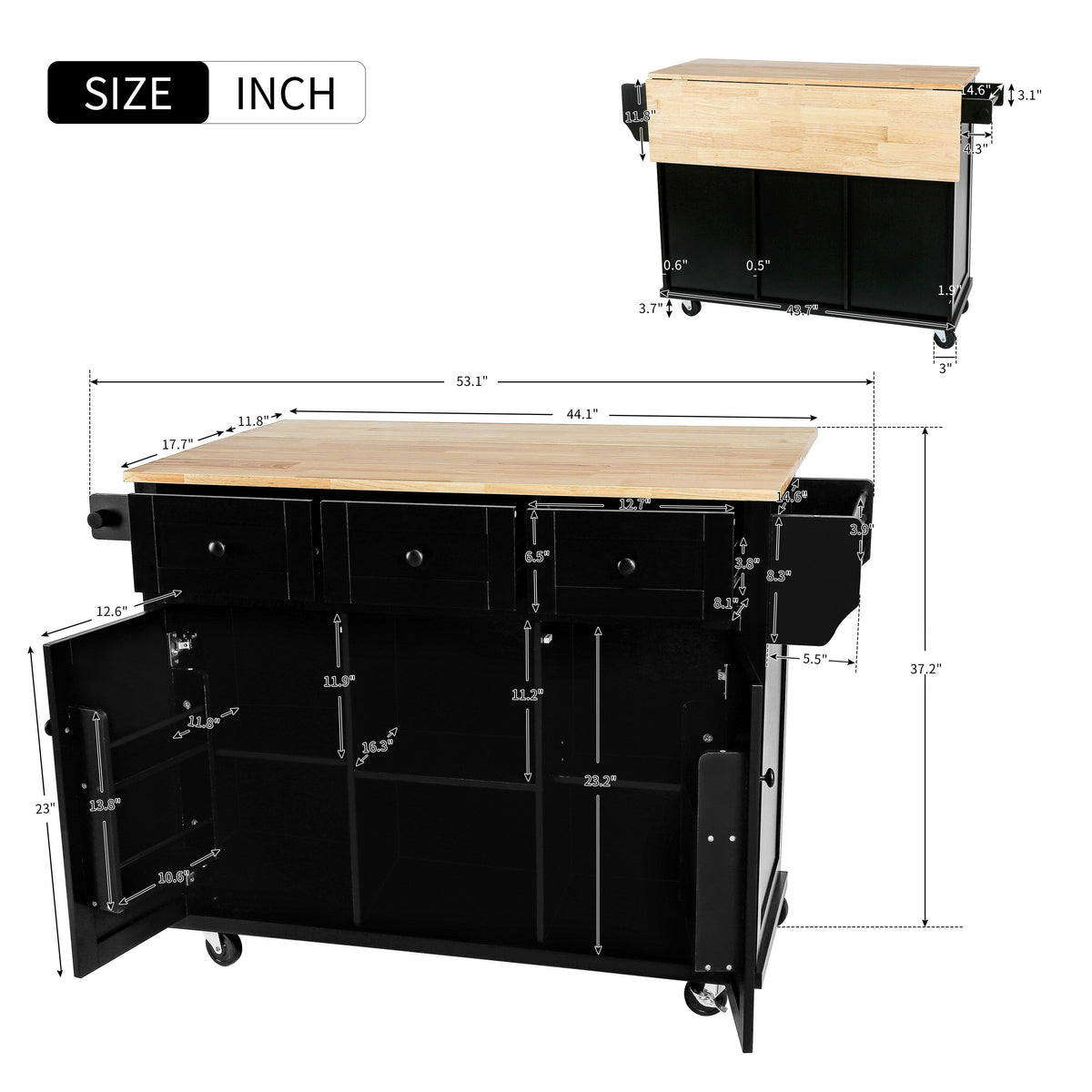 ModernLuxe Black Wood Base with Wood Top Rolling Kitchen Island (29.5-in x 53.1-in x 37.2-in)