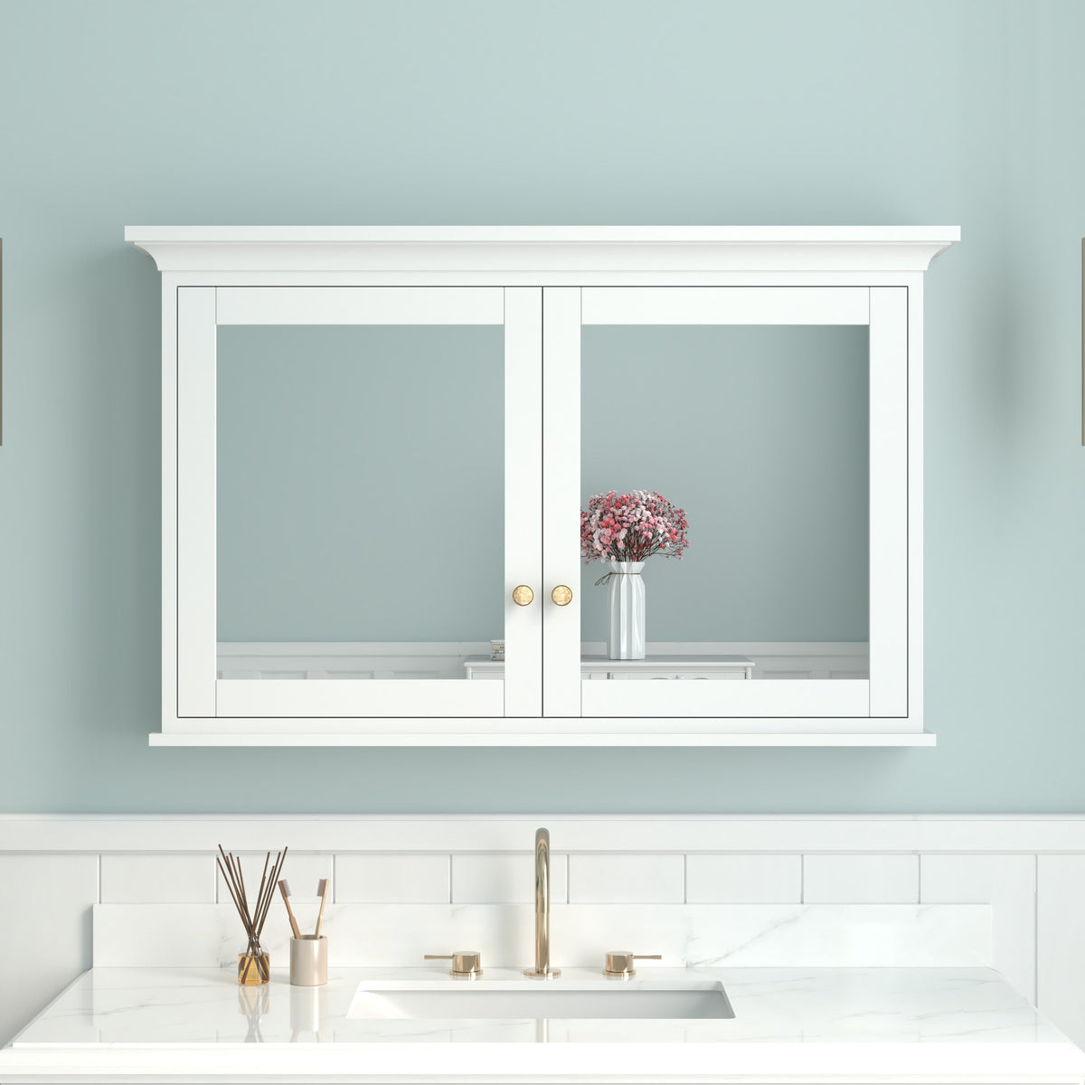 Forclover 48-in x 30-in Surface Mount White Mirrored Soft Close Medicine Cabinet