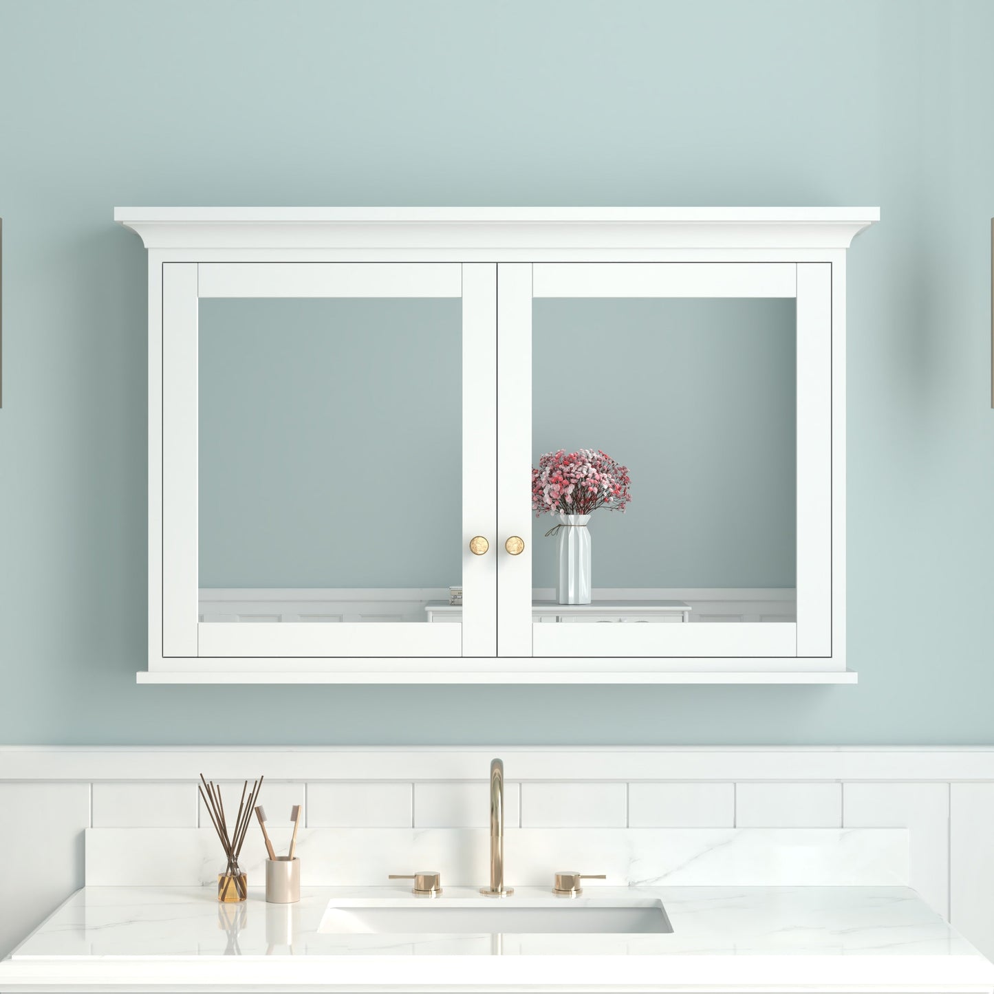 Forclover 48-in x 30-in Surface Mount White Mirrored Soft Close Medicine Cabinet