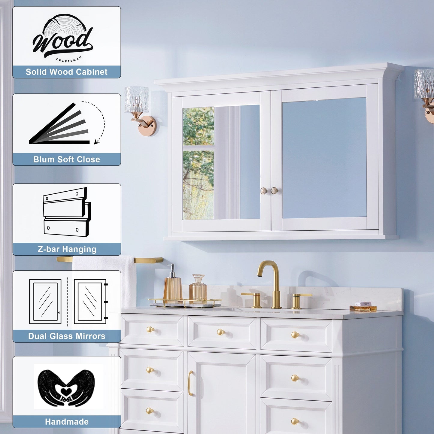 Forclover 48-in x 30-in Surface Mount White Mirrored Soft Close Medicine Cabinet