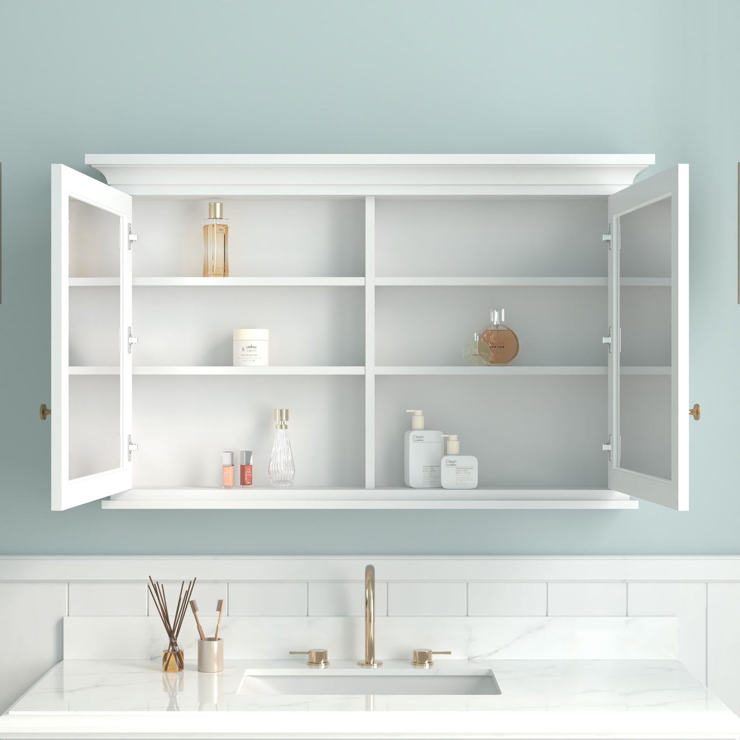 Forclover 48-in x 30-in Surface Mount White Mirrored Soft Close Medicine Cabinet