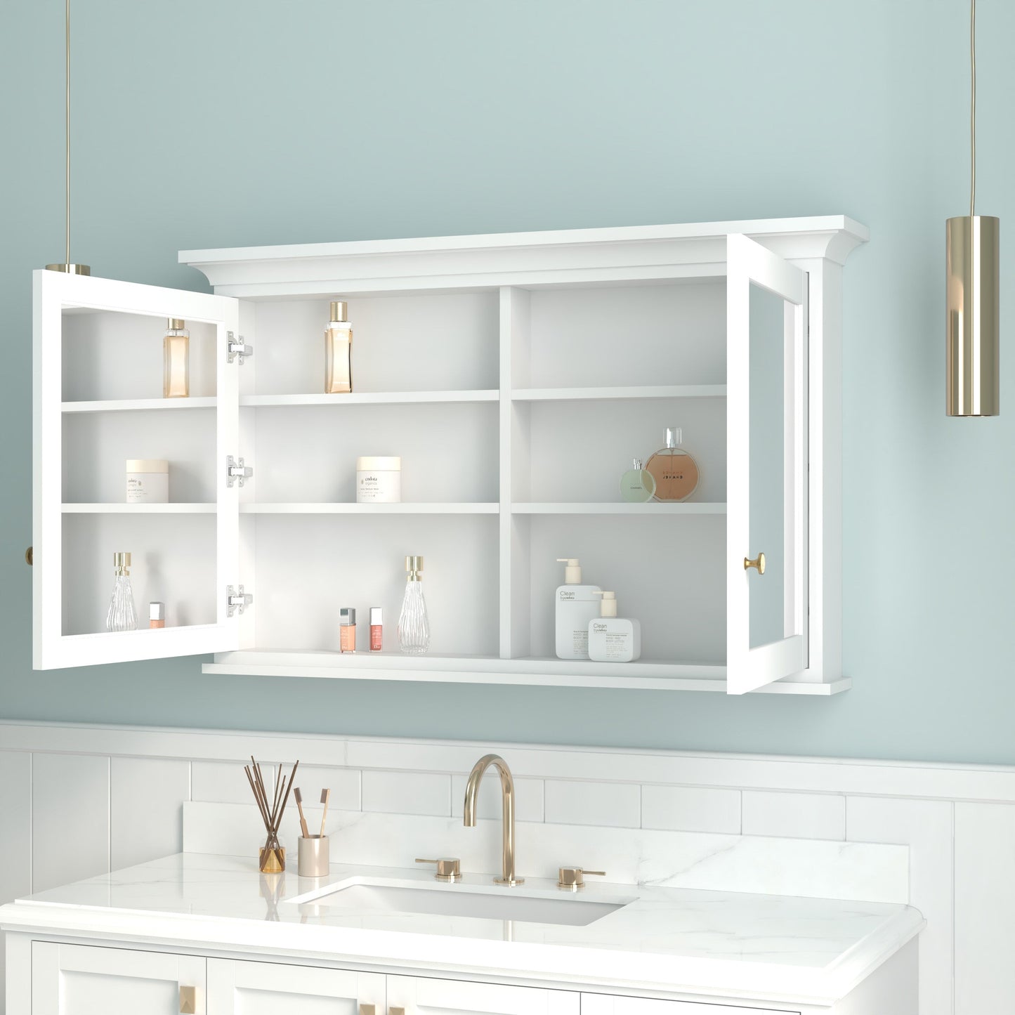 Forclover 48-in x 30-in Surface Mount White Mirrored Soft Close Medicine Cabinet