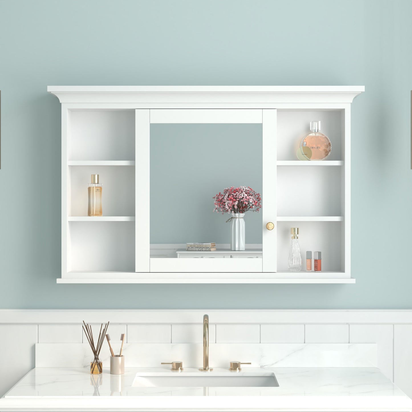 Forclover 48-in x 30-in Surface Mount White Mirrored Soft Close Medicine Cabinet