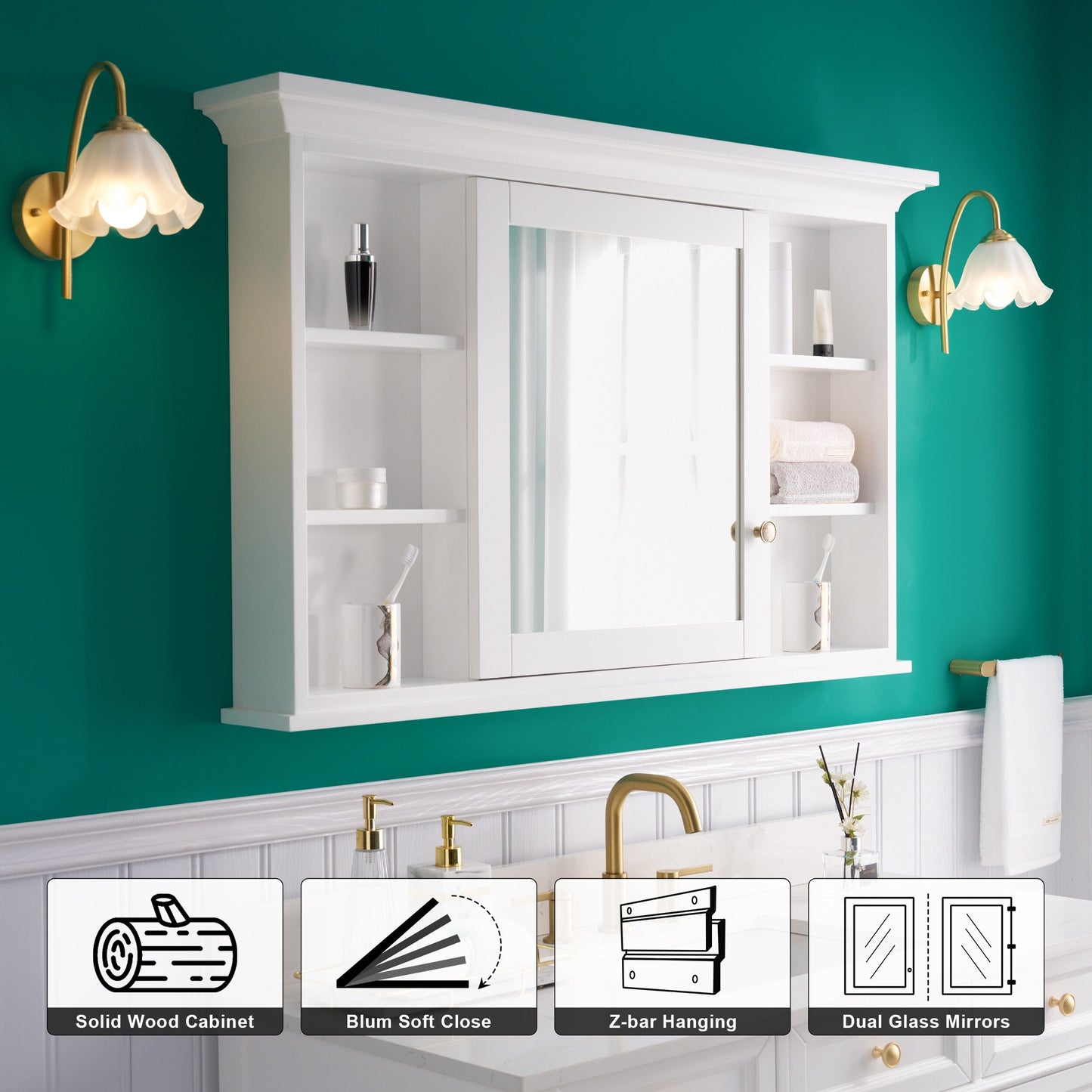 Forclover 48-in x 30-in Surface Mount White Mirrored Soft Close Medicine Cabinet
