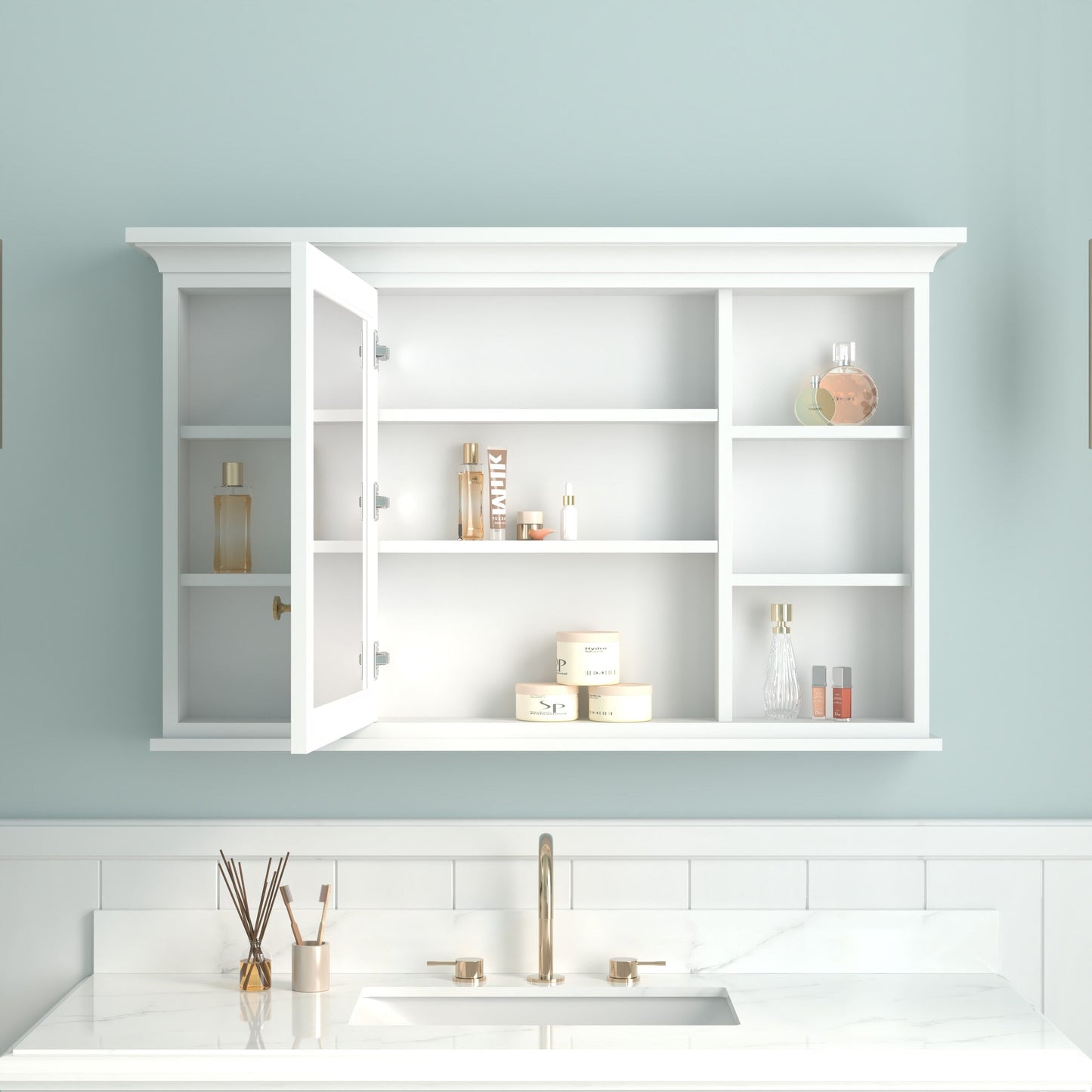 Forclover 48-in x 30-in Surface Mount White Mirrored Soft Close Medicine Cabinet