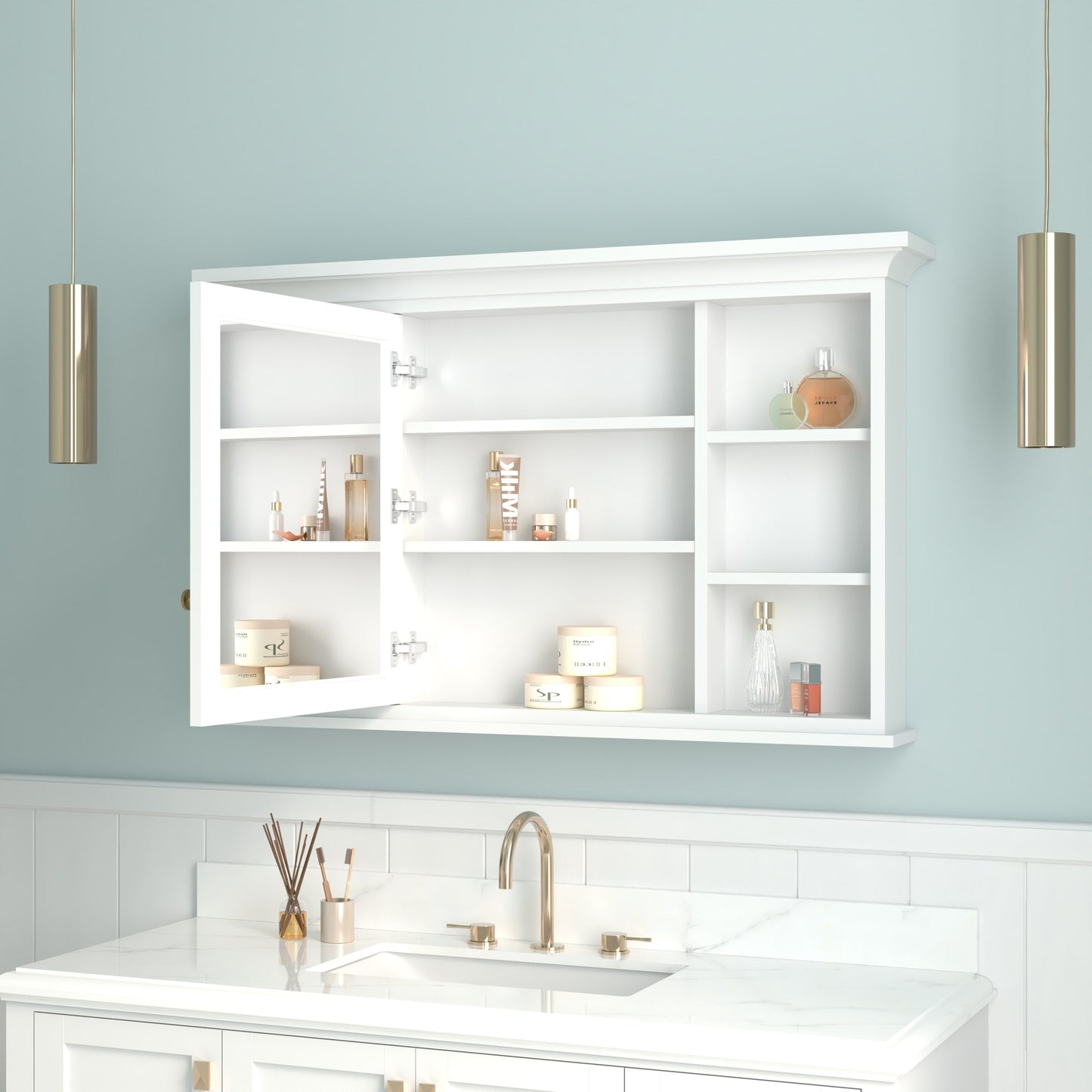Forclover 48-in x 30-in Surface Mount White Mirrored Soft Close Medicine Cabinet