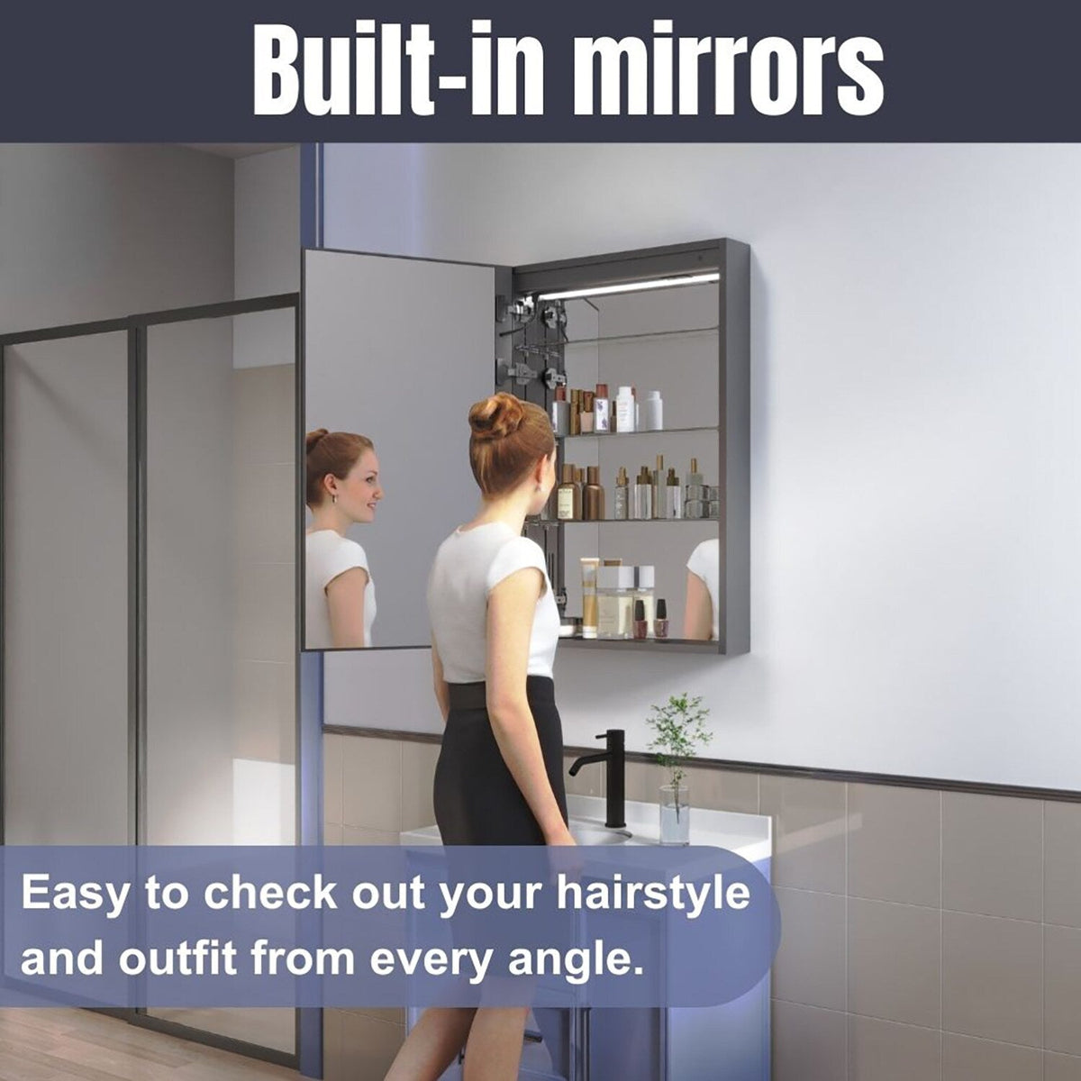 waterpar 24-in x 36-in Lighted LED Fog Free Surface/Recessed Mount Black Mirrored Soft Close Medicine Cabinet with Outlet
