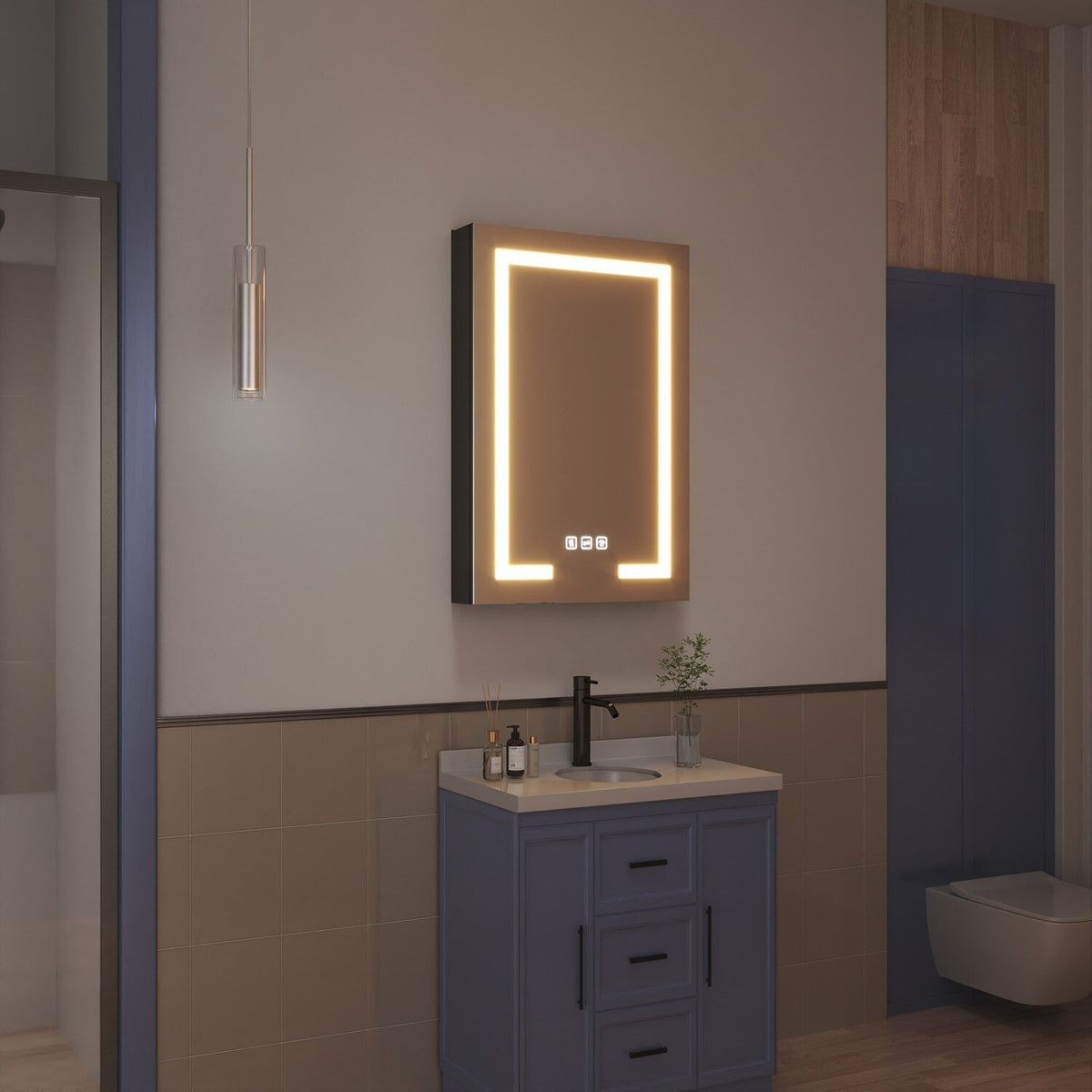 waterpar 24-in x 36-in Lighted LED Fog Free Surface/Recessed Mount Black Mirrored Soft Close Medicine Cabinet with Outlet