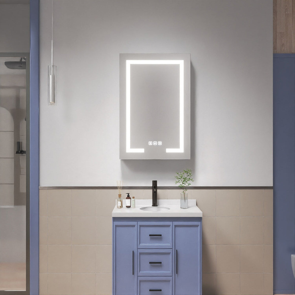 waterpar 24-in x 36-in Lighted LED Fog Free Surface/Recessed Mount Black Mirrored Soft Close Medicine Cabinet with Outlet