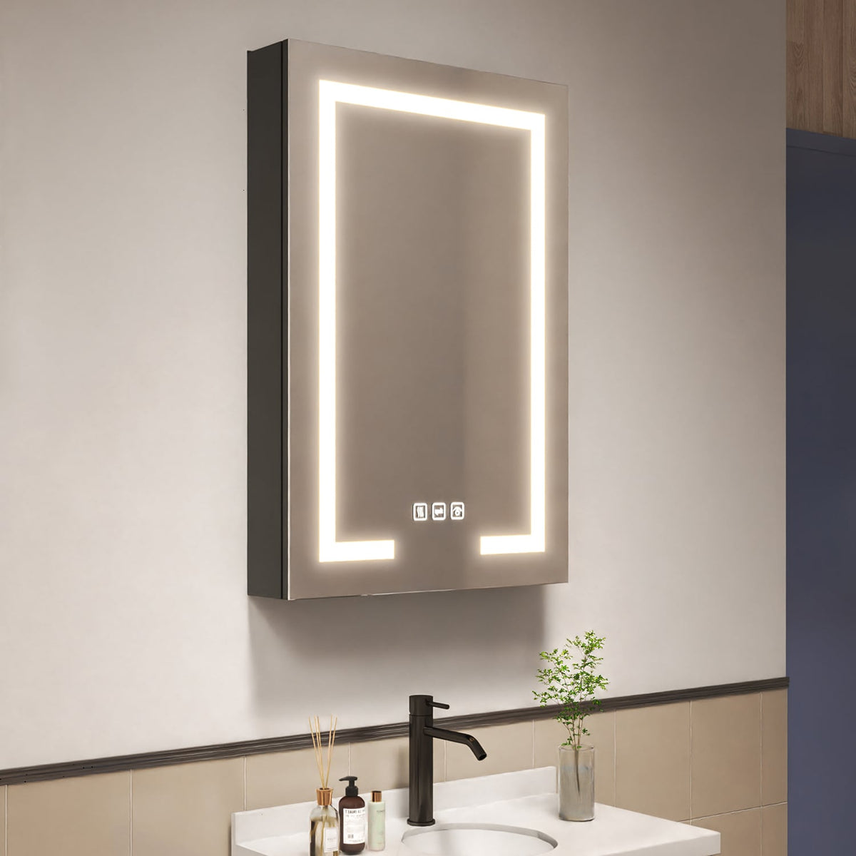 waterpar 24-in x 36-in Lighted LED Fog Free Surface/Recessed Mount Black Mirrored Soft Close Medicine Cabinet with Outlet