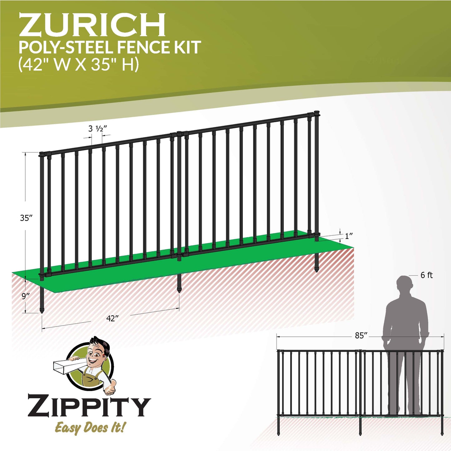 Zippity Outdoor Products 3-ft H x 3-1/2-ft W Black Vinyl-coated Steel Flat-top No Dig Garden Fence Panel