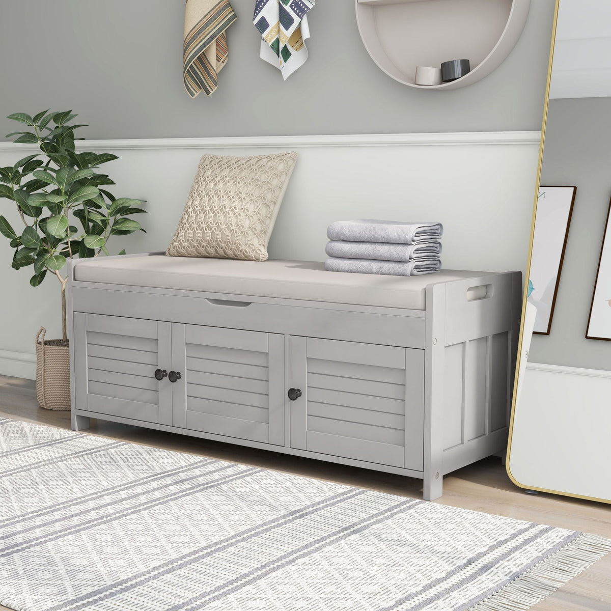 Qualler Modern Gray Wash Storage Bench with Storage 43.5-in x 16-in x 18-in
